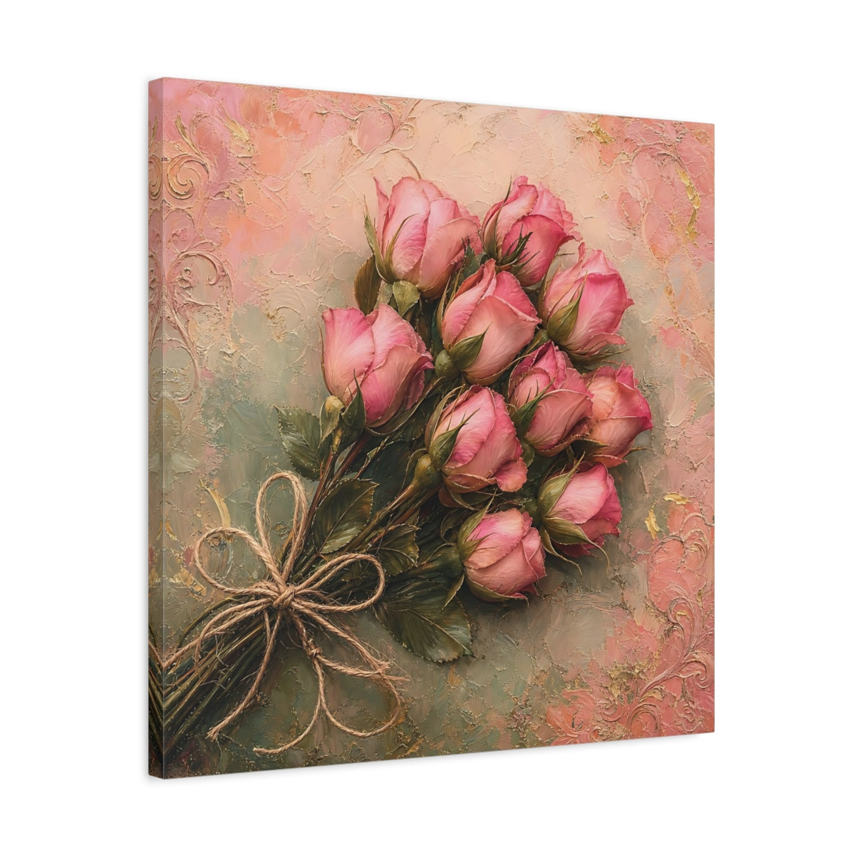 Side Mockup 4. Floral Rose Bouquet Pink Roses shown as stretched canvas wall art