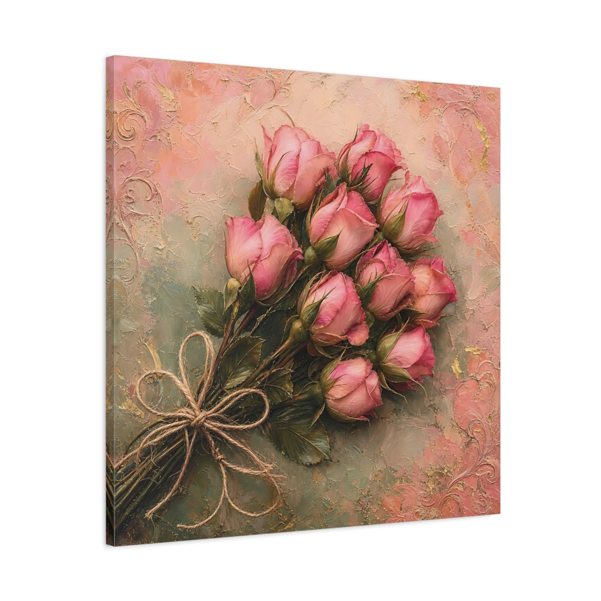 Side Mockup 3. Floral Rose Bouquet Pink Roses shown as stretched canvas wall art