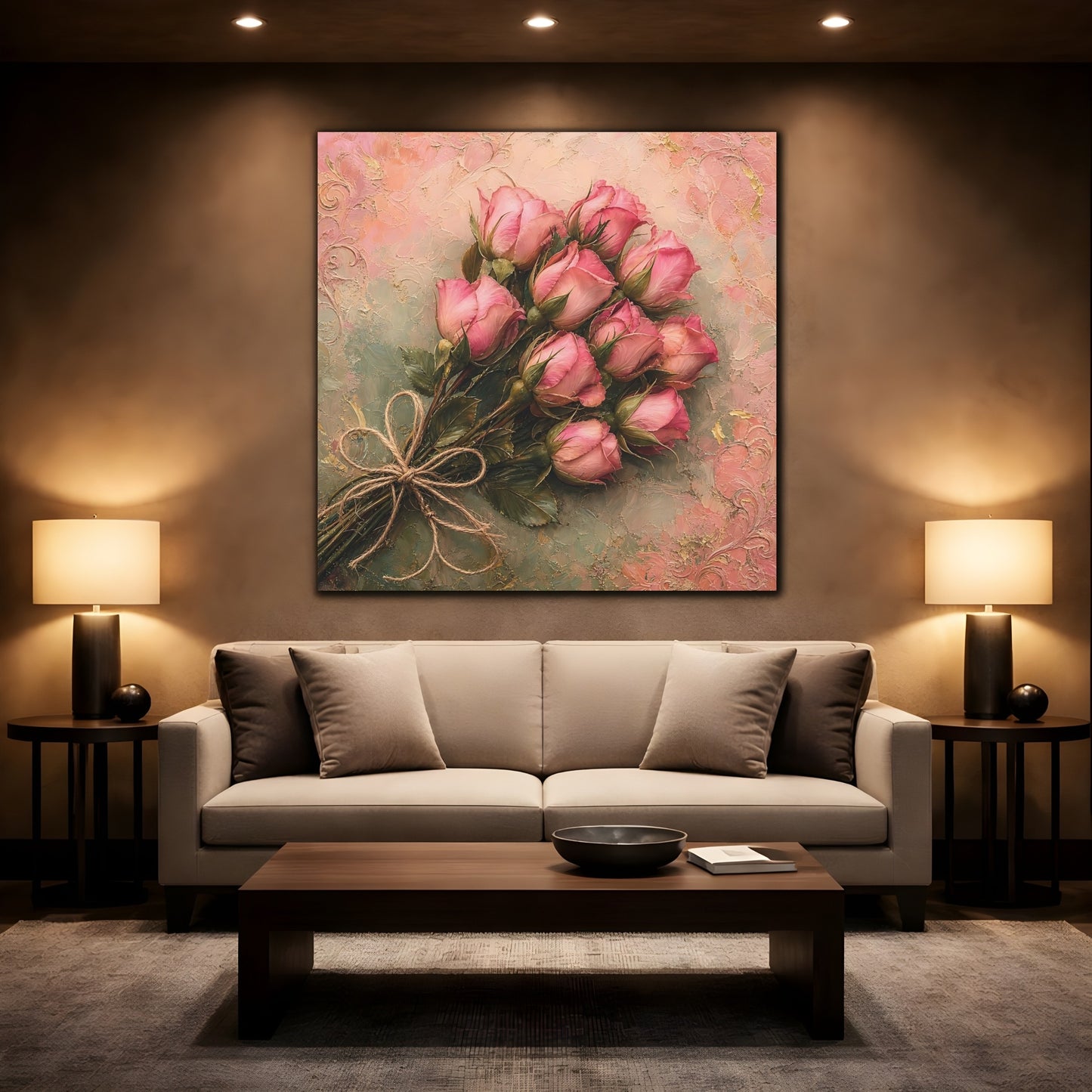 Mockup 2. Floral Rose Bouquet Pink Roses shown as stretched canvas wall art