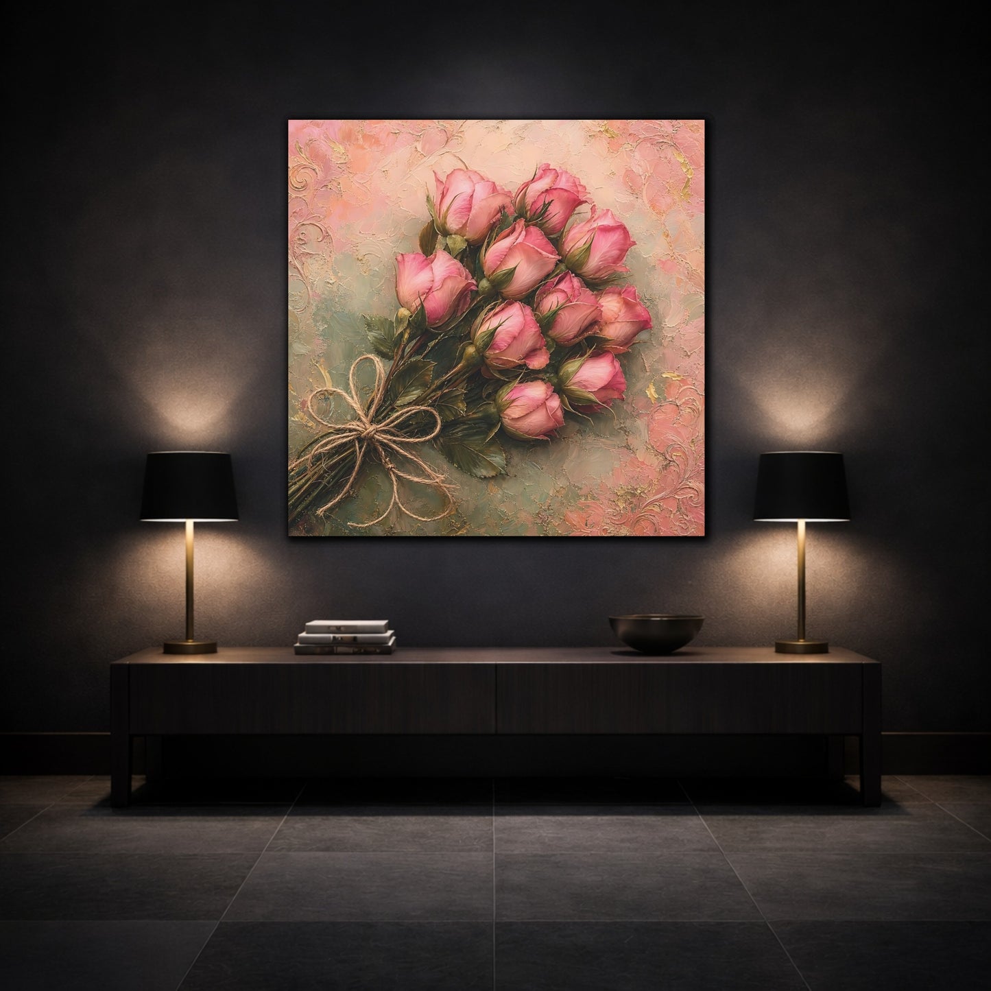 Mockup 3. Floral Rose Bouquet Pink Roses shown as stretched canvas wall art