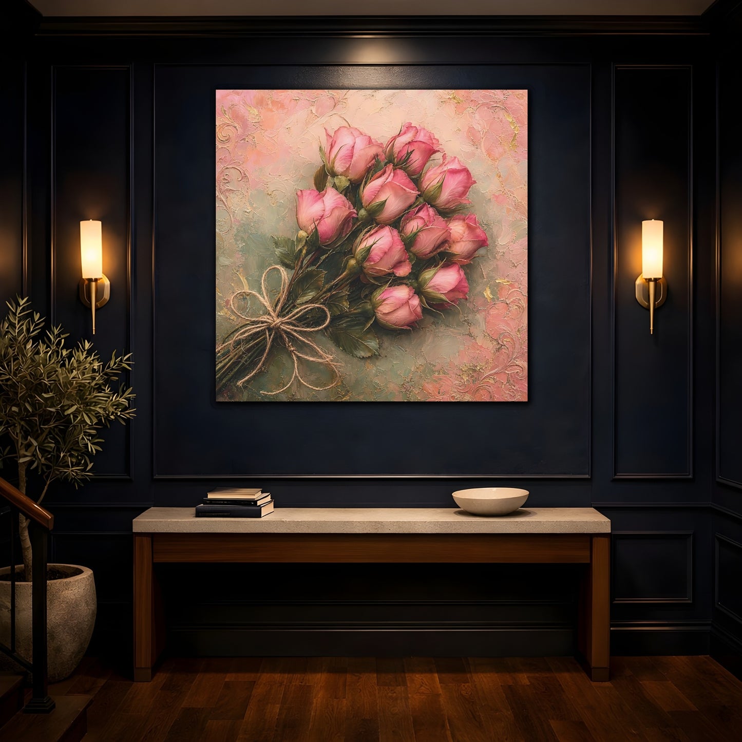 Mockup 4. Floral Rose Bouquet Pink Roses shown as stretched canvas wall art
