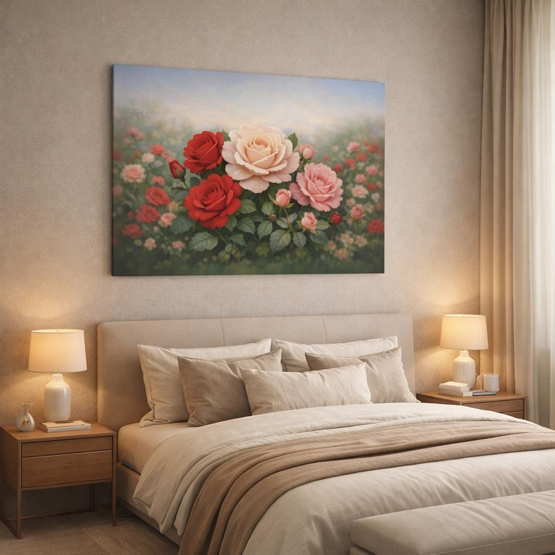 Floral Rose Garden shown as canvas wall art in a luxury bedroom