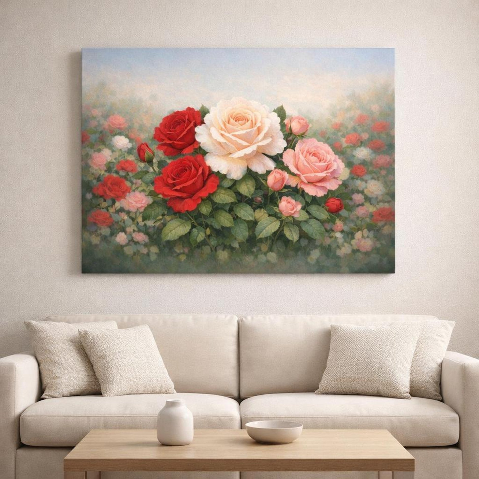 Floral Rose Garden shown as canvas wall art in a refined dining room
