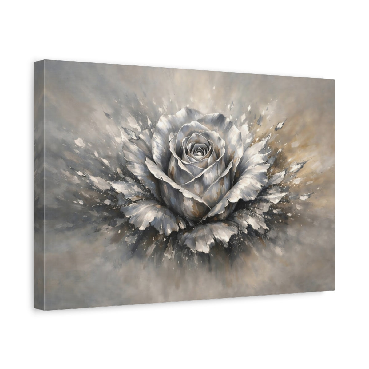 Side Mockup 4. Floral Rose Grey And Gold shown as stretched canvas wall art