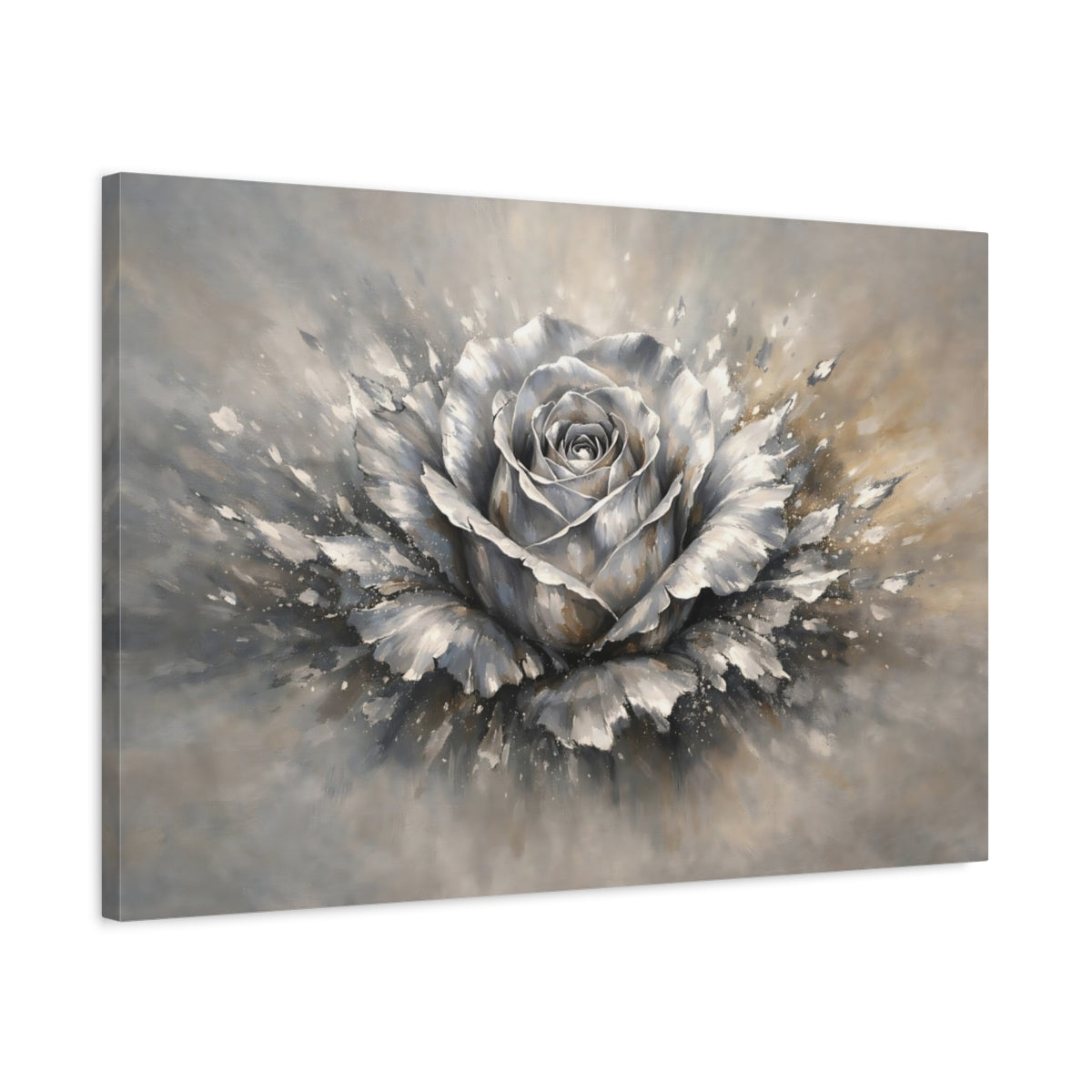 Side Mockup 2. Floral Rose Grey And Gold shown as stretched canvas wall art