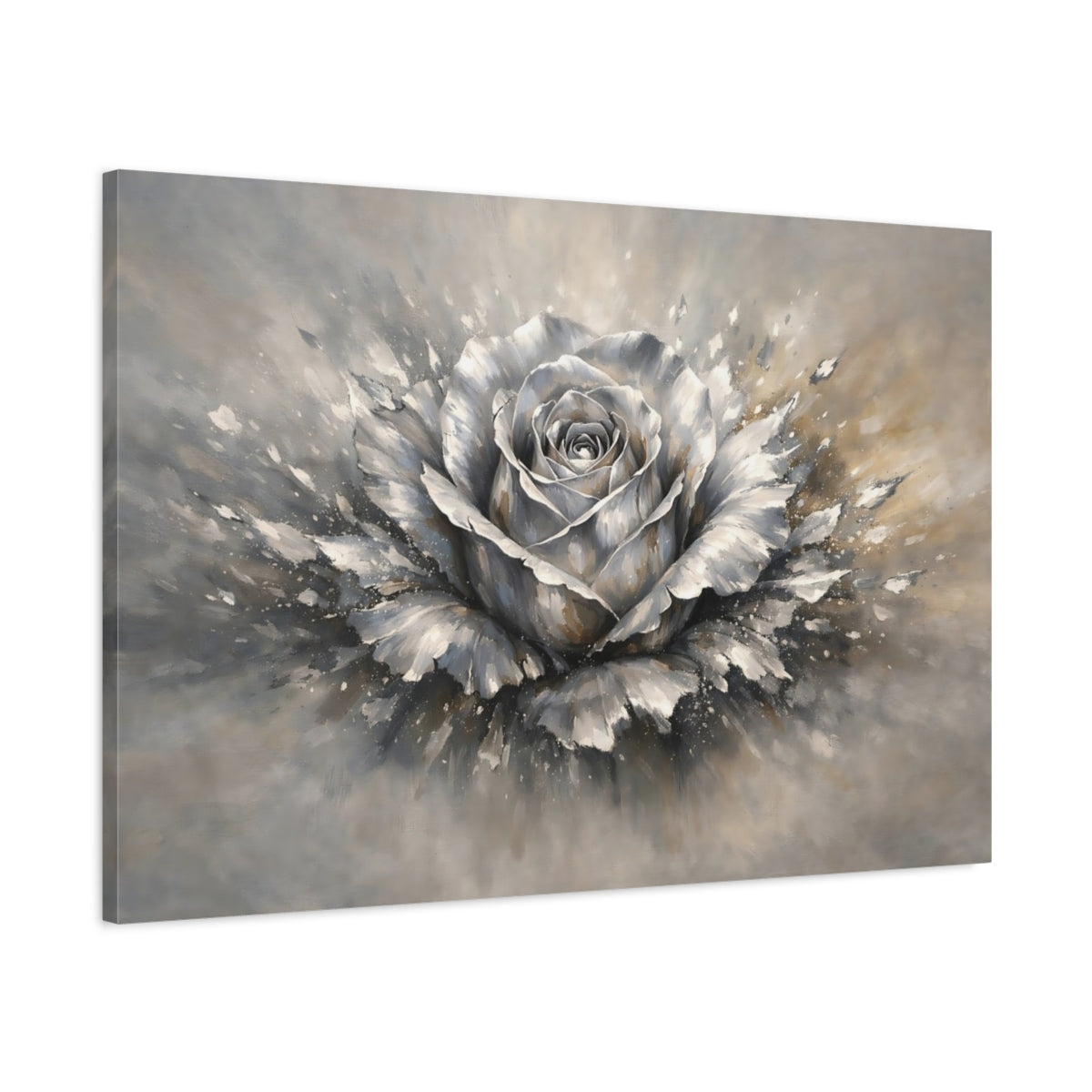 Side Mockup 1. Floral Rose Grey And Gold shown as stretched canvas wall art