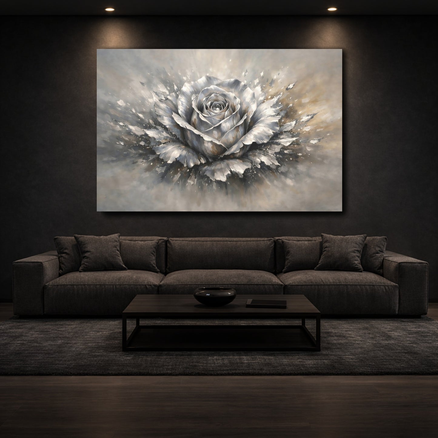 Mockup 2. Floral Rose Grey And Gold shown as stretched canvas wall art