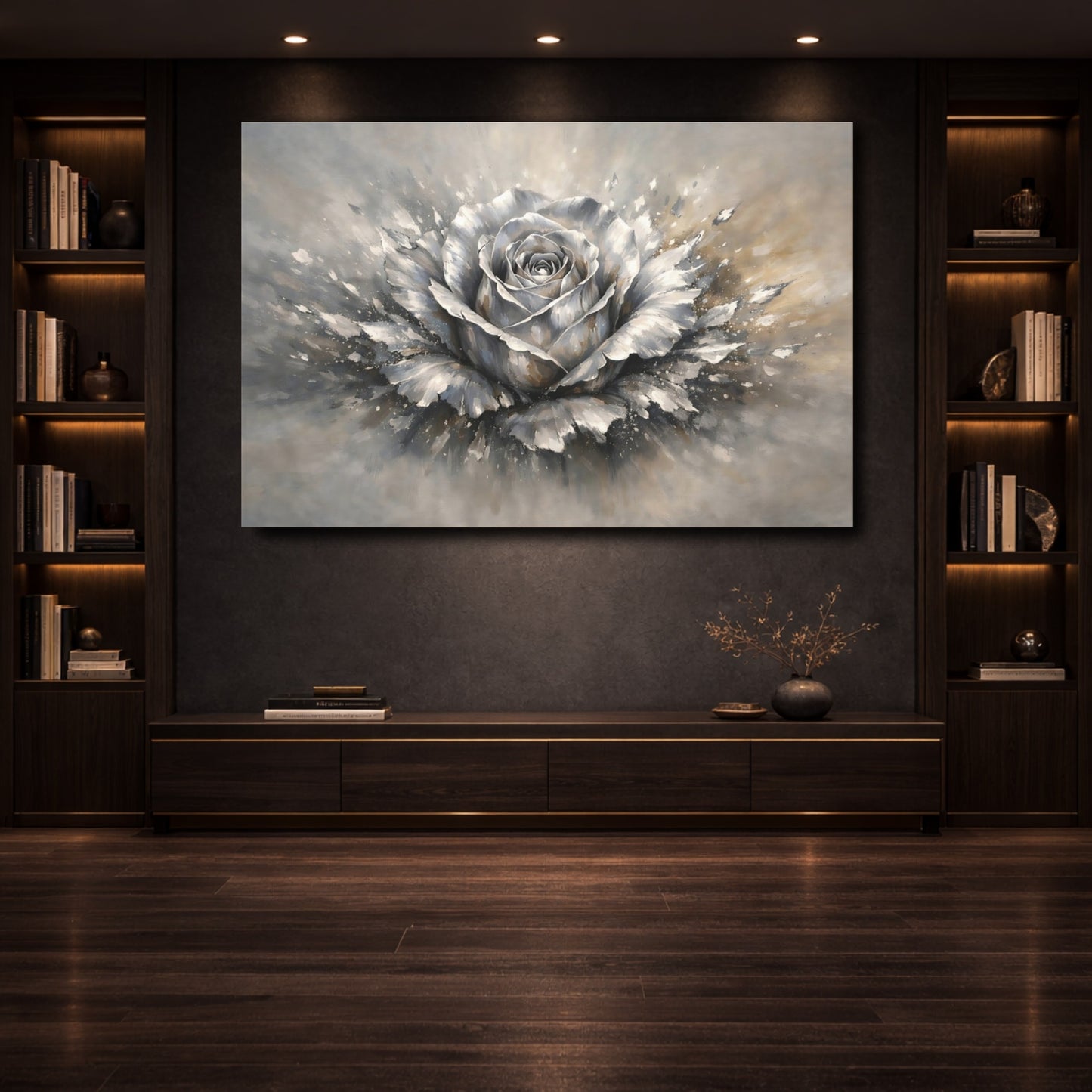 Mockup 3. Floral Rose Grey And Gold shown as stretched canvas wall art