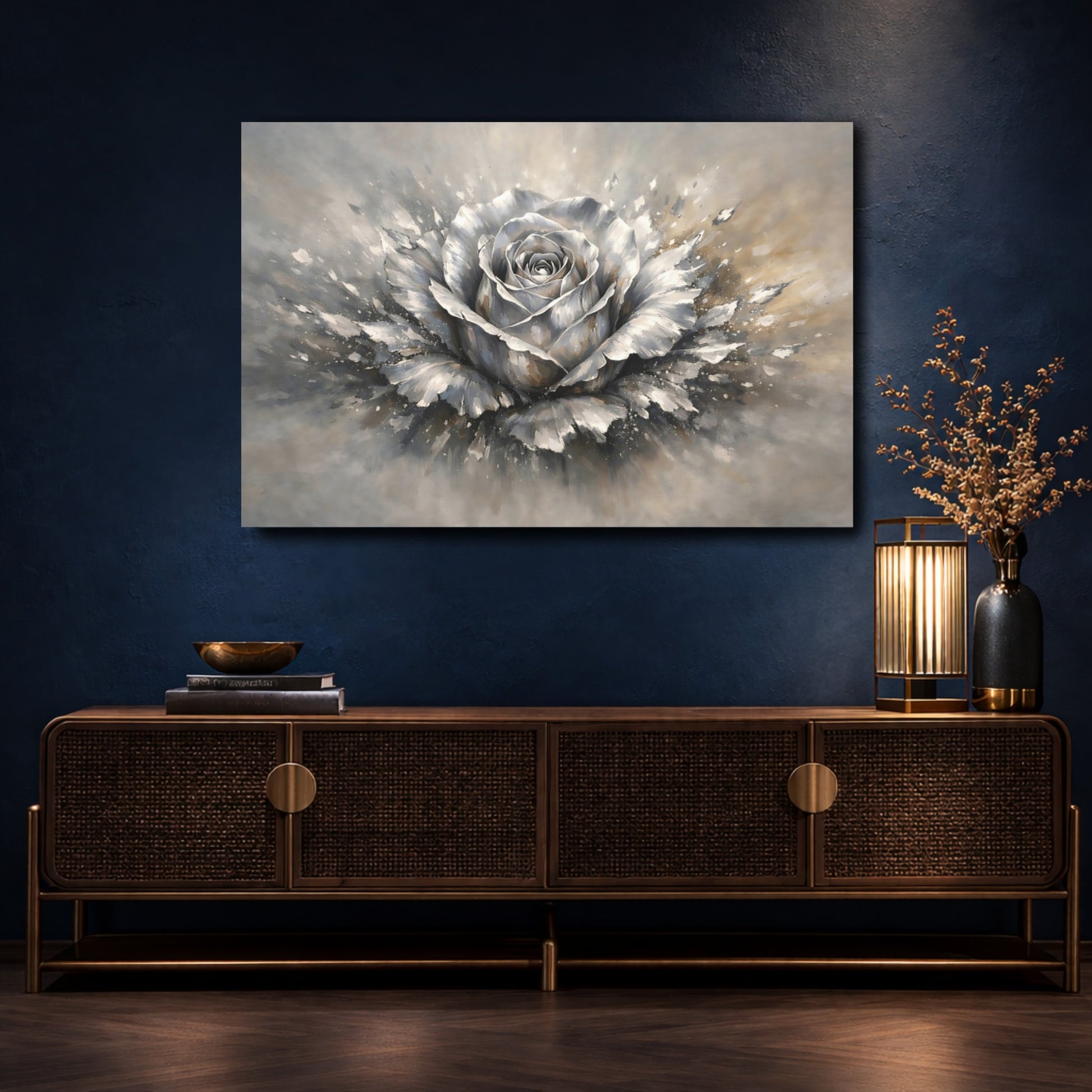 Mockup 4. Floral Rose Grey And Gold shown as stretched canvas wall art