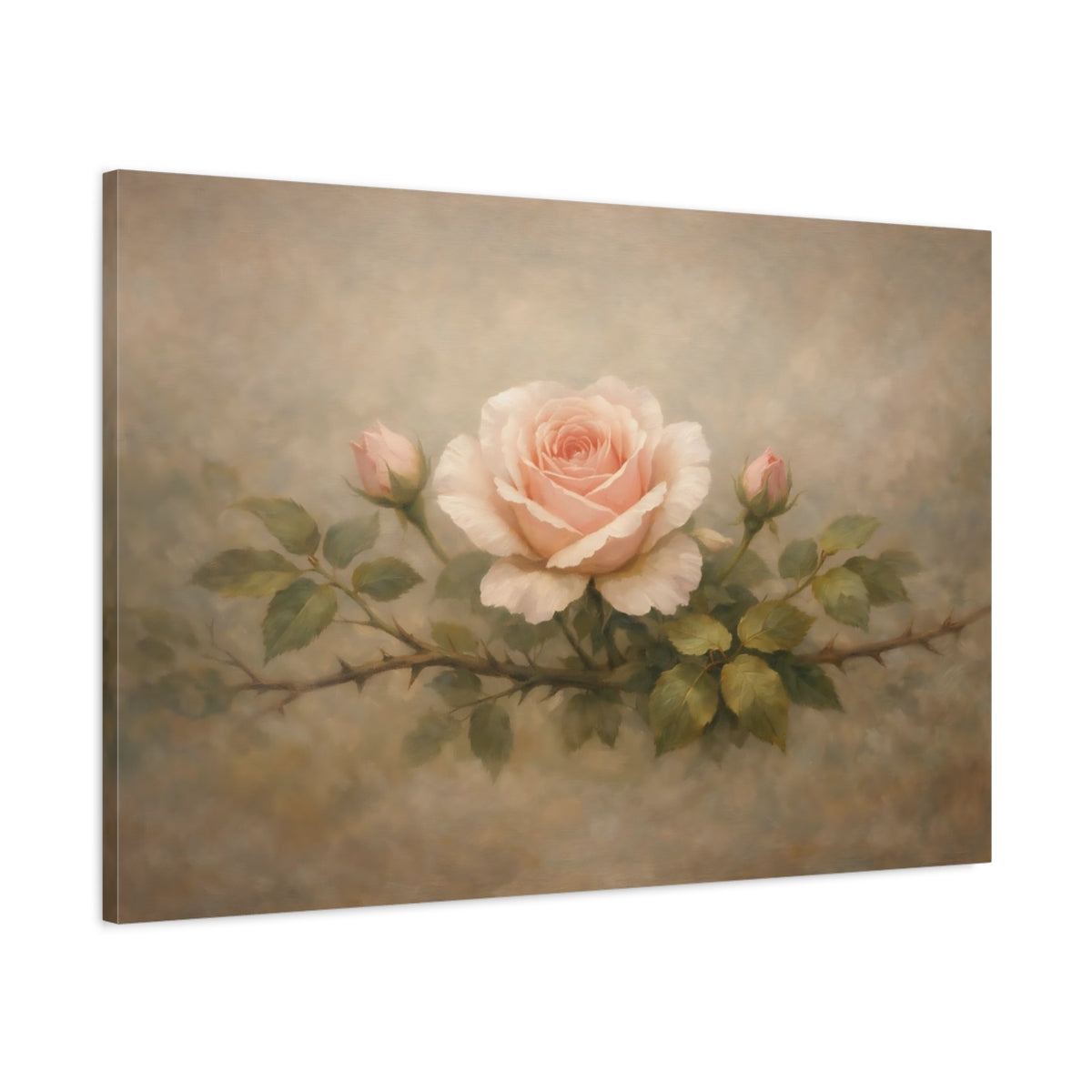 Side Mockup 1. Floral Rose Pink Rose shown as stretched canvas wall art