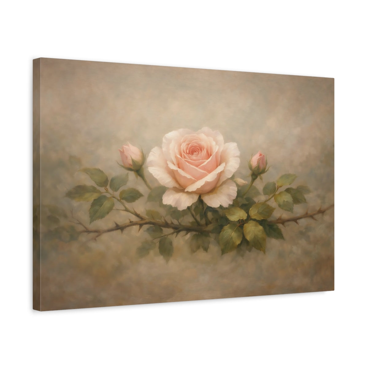 Side Mockup 3. Floral Rose Pink Rose shown as stretched canvas wall art