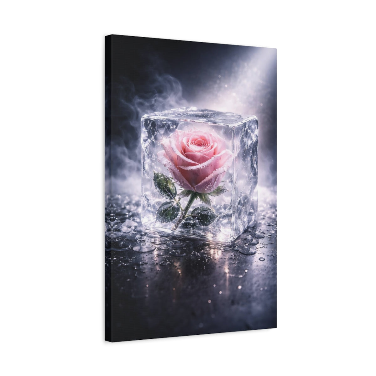 Side Mockup 3. Floral Rose Pink Rose Ice shown as stretched canvas wall art
