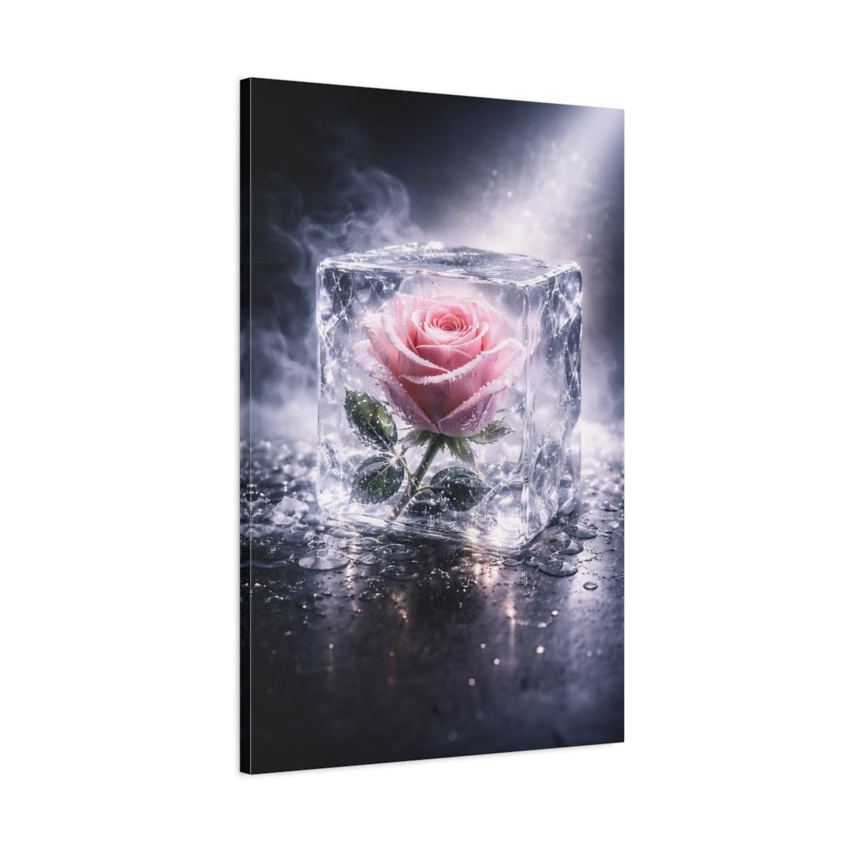 Side Mockup 1. Floral Rose Pink Rose Ice shown as stretched canvas wall art