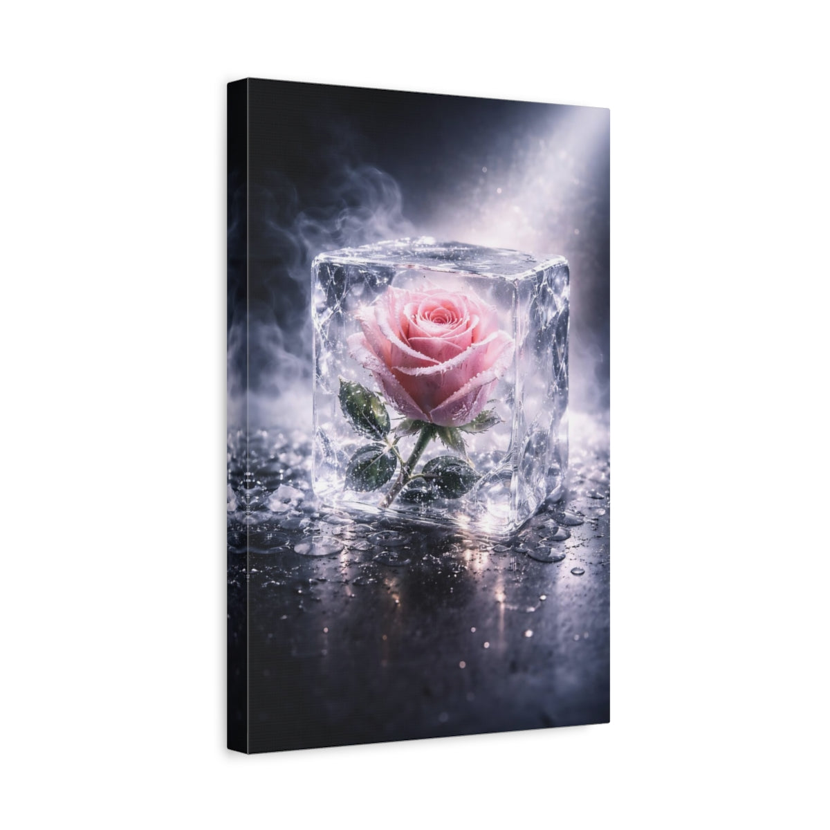Side Mockup 4. Floral Rose Pink Rose Ice shown as stretched canvas wall art