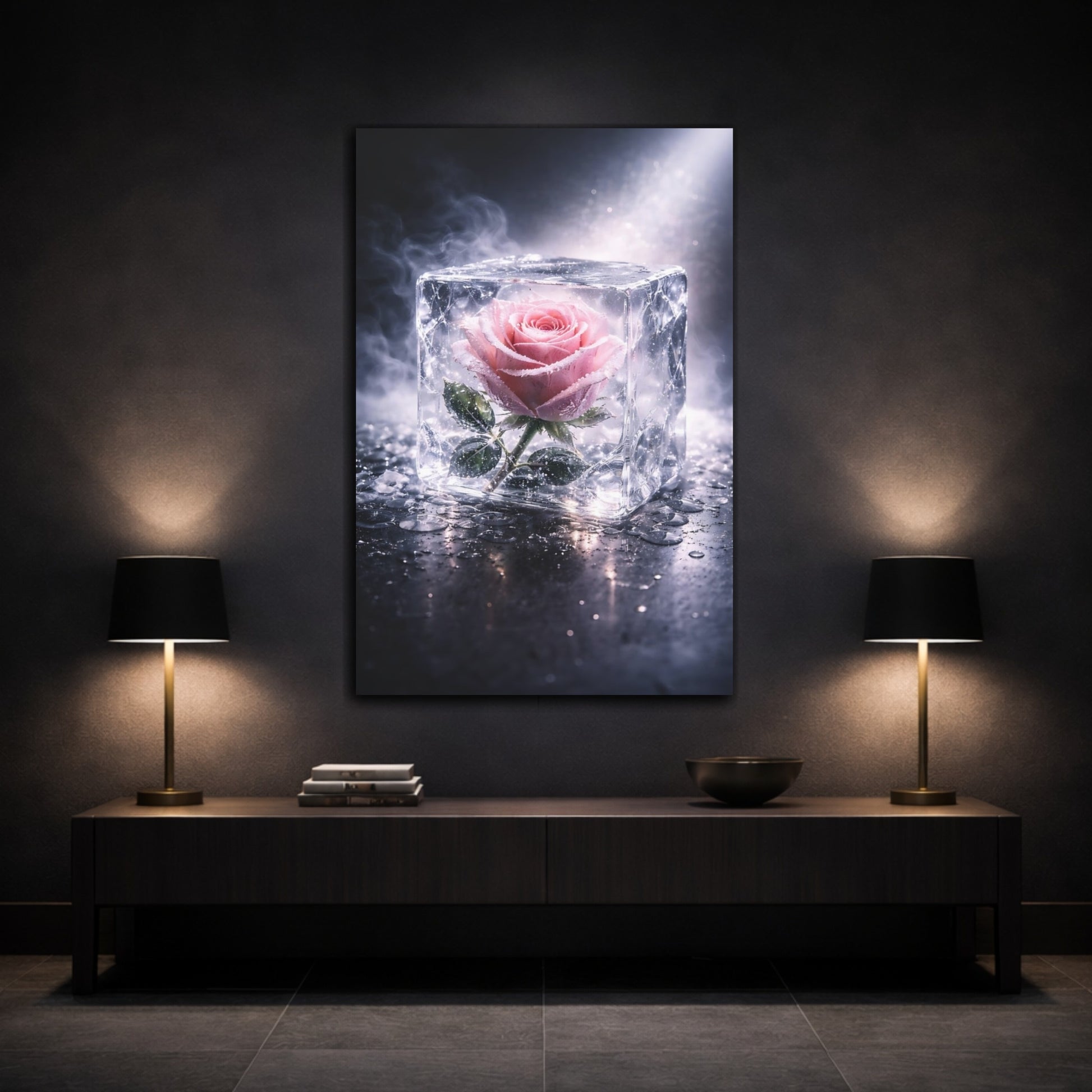 Mockup 2. Floral Rose Pink Rose Ice shown as stretched canvas wall art