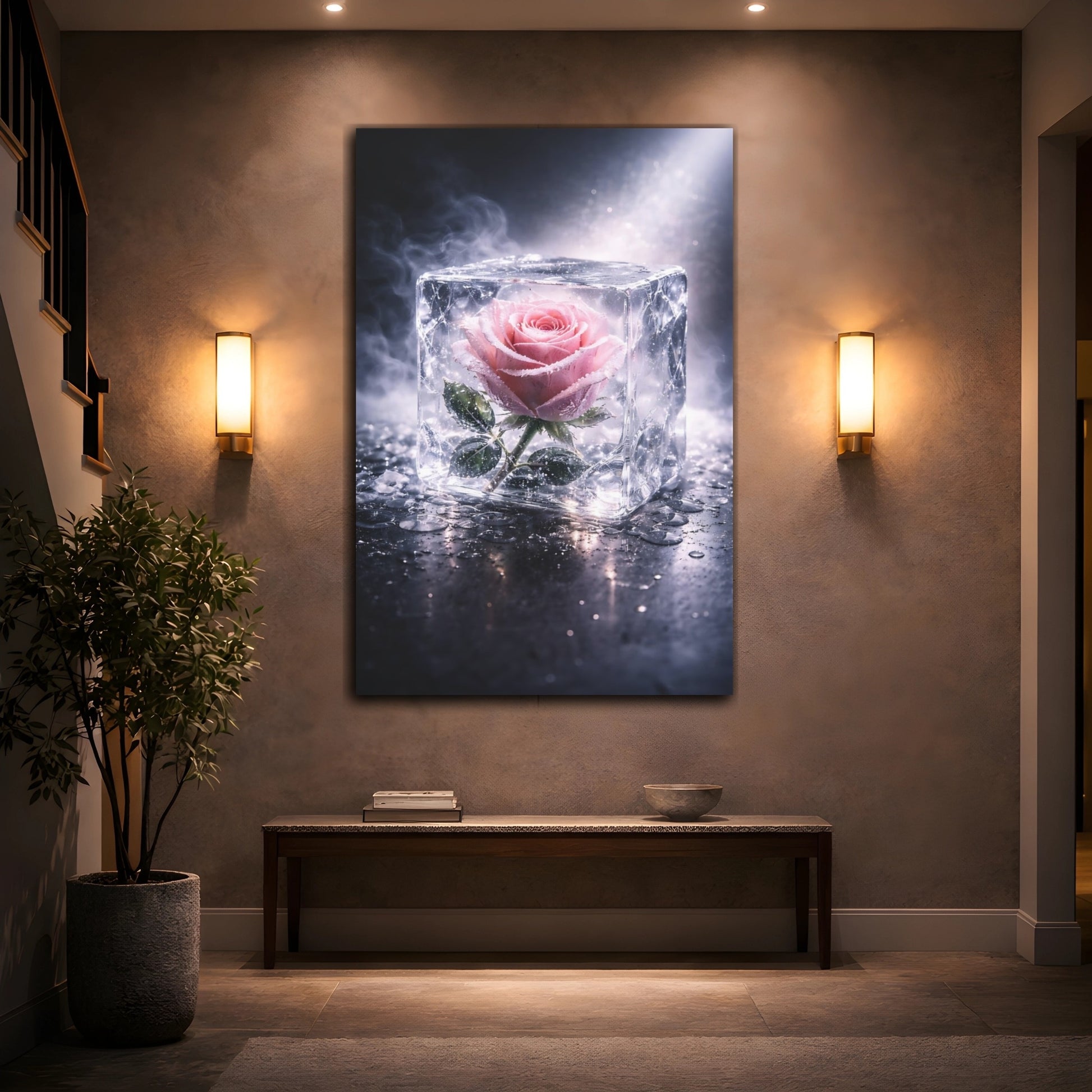 Mockup 3. Floral Rose Pink Rose Ice shown as stretched canvas wall art