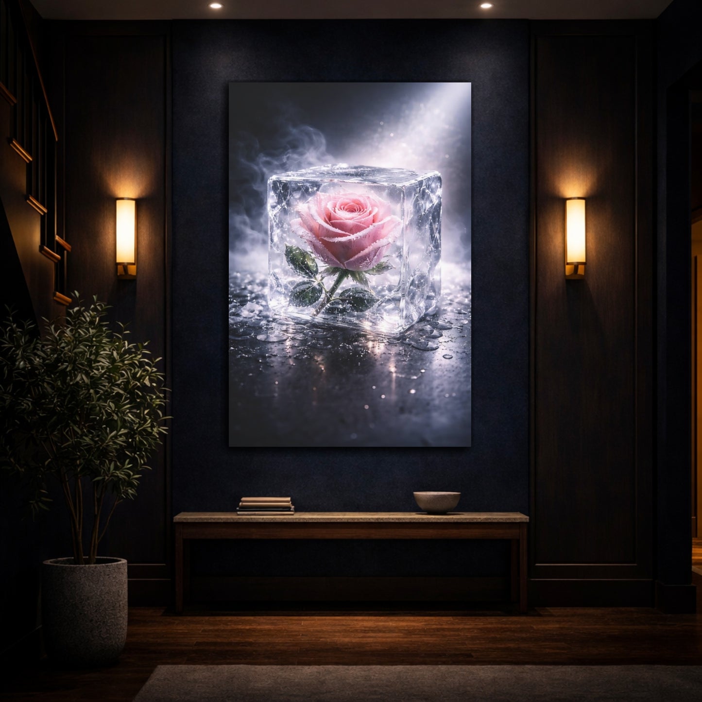 Mockup 4. Floral Rose Pink Rose Ice shown as stretched canvas wall art