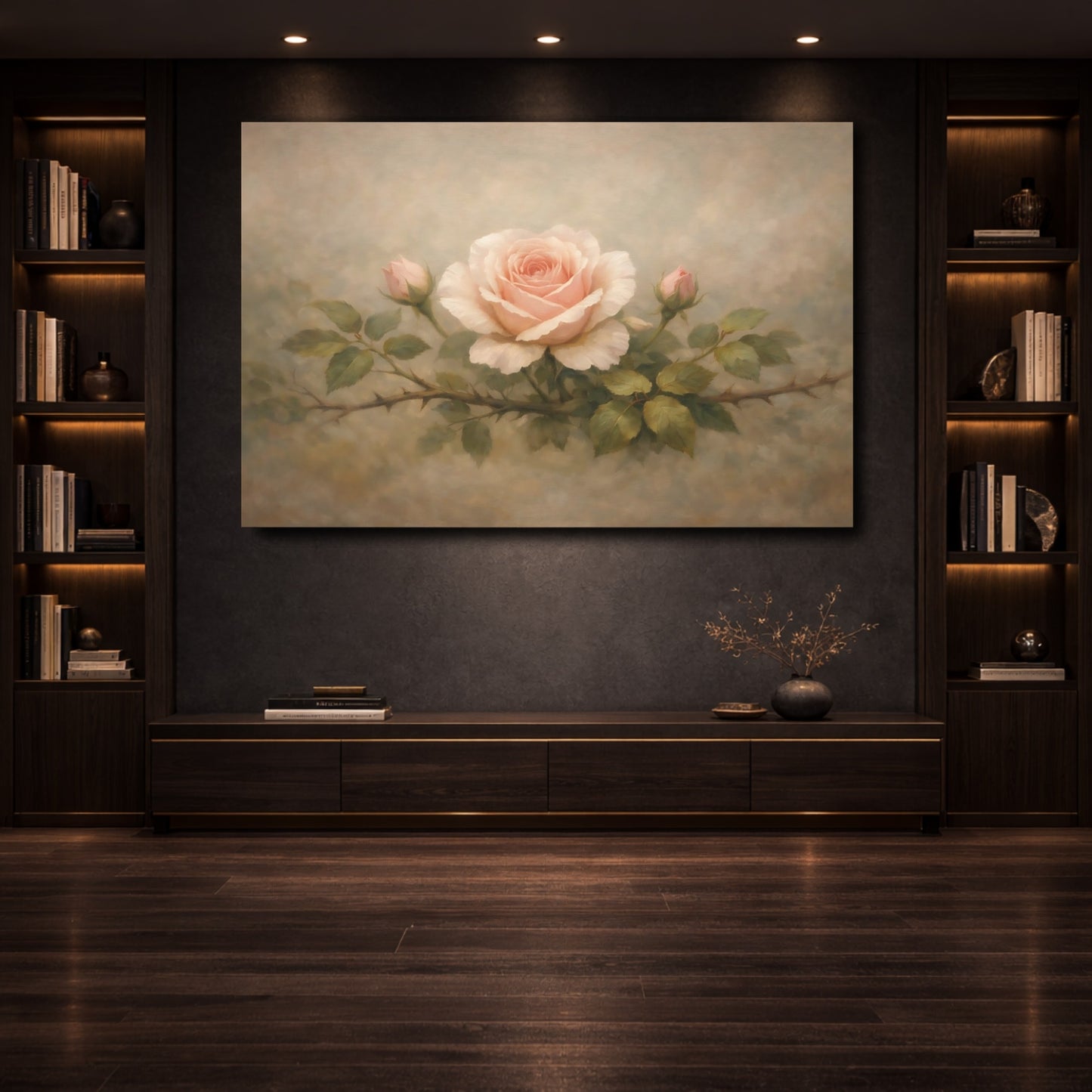 Mockup 3. Floral Rose Pink Rose shown as stretched canvas wall art