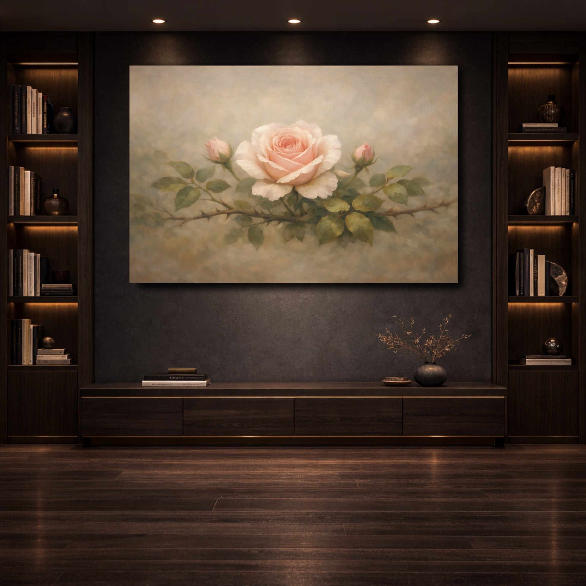 Mockup 3. Floral Rose Pink Rose shown as stretched canvas wall art