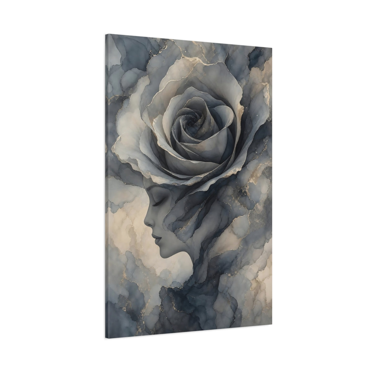 Side Mockup 1. Floral Rose Woman Blue Gray Gold shown as stretched canvas wall art