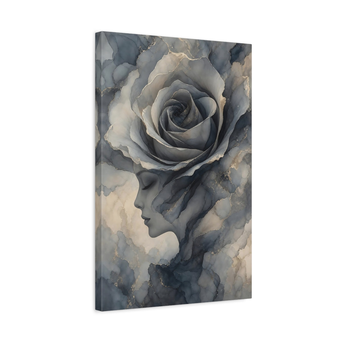 Side Mockup 3. Floral Rose Woman Blue Gray Gold shown as stretched canvas wall art
