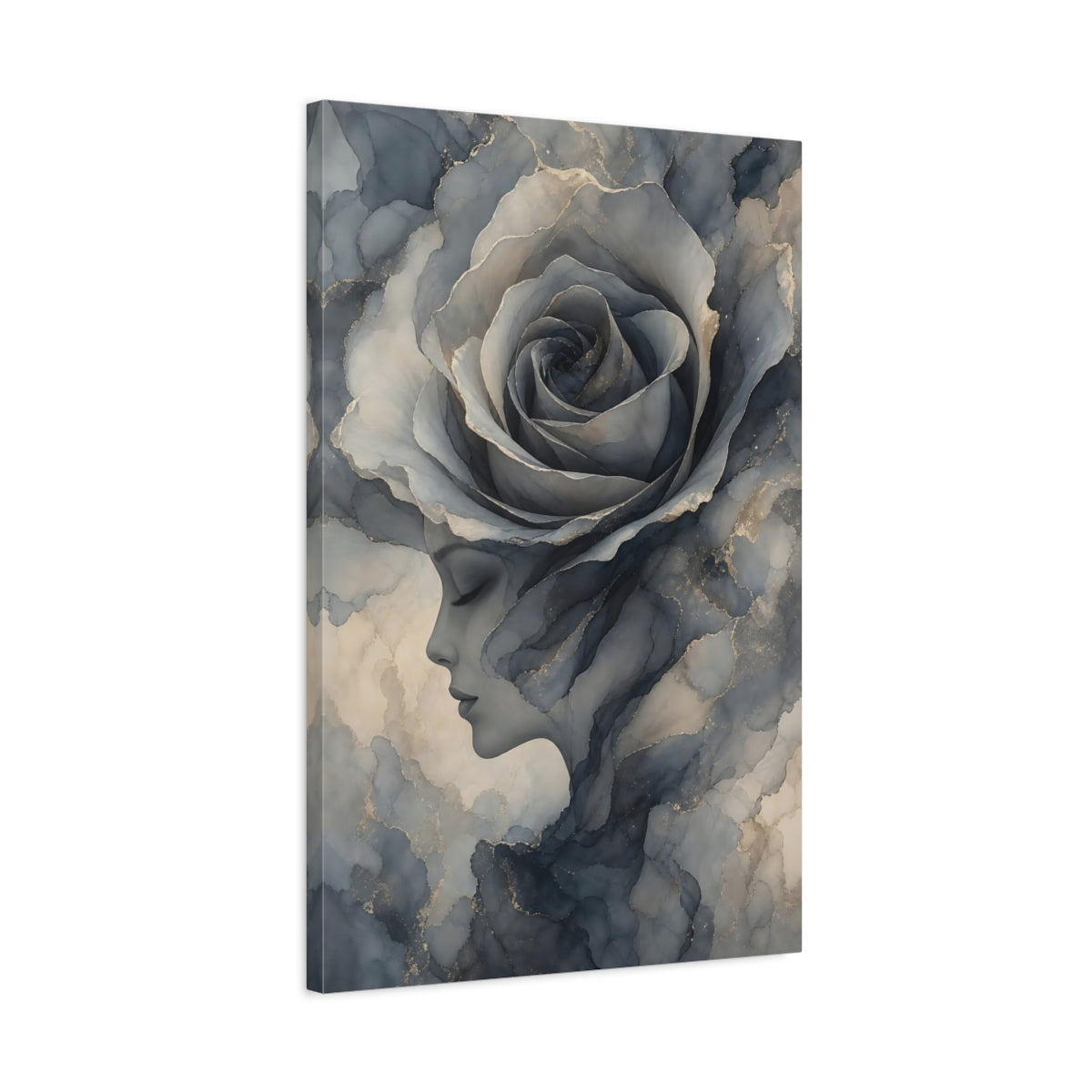 Side Mockup 2. Floral Rose Woman Blue Gray Gold shown as stretched canvas wall art