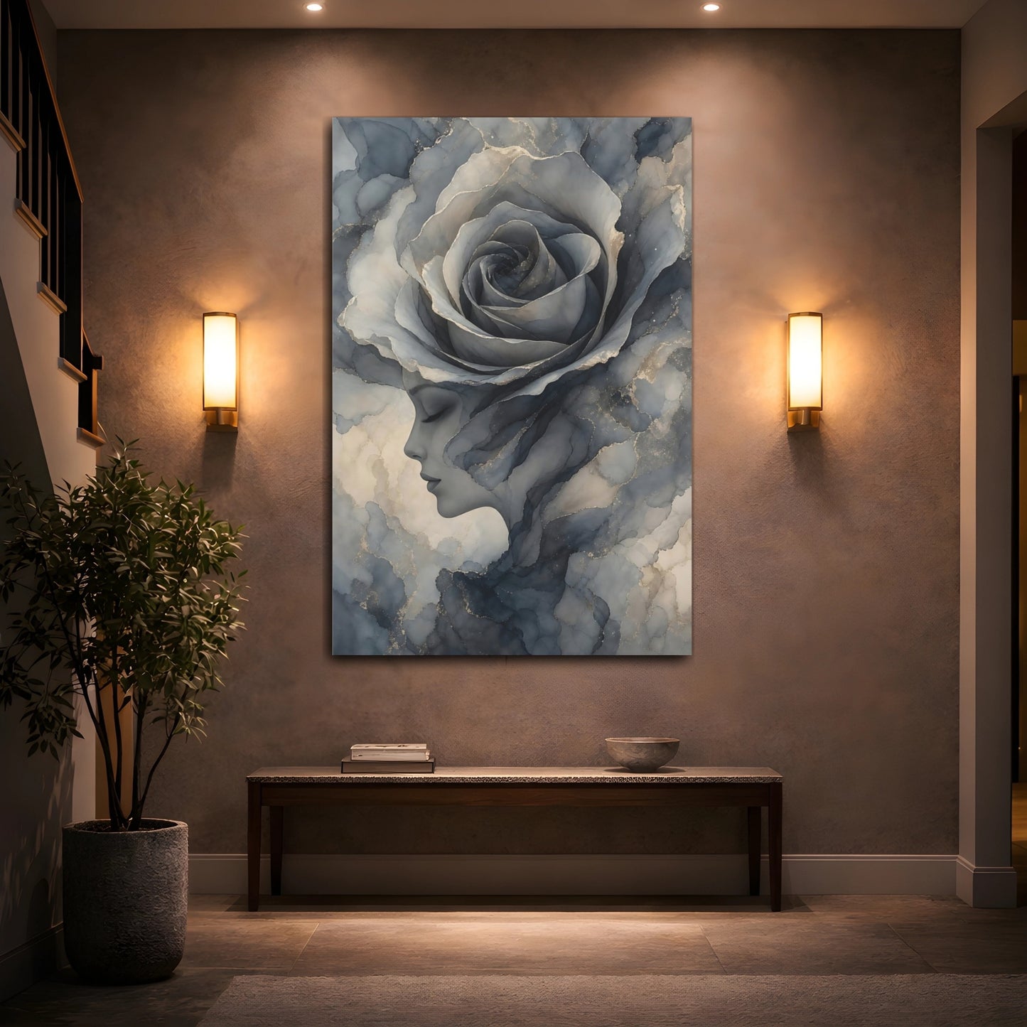 Mockup 2. Floral Rose Woman Blue Gray Gold shown as stretched canvas wall art