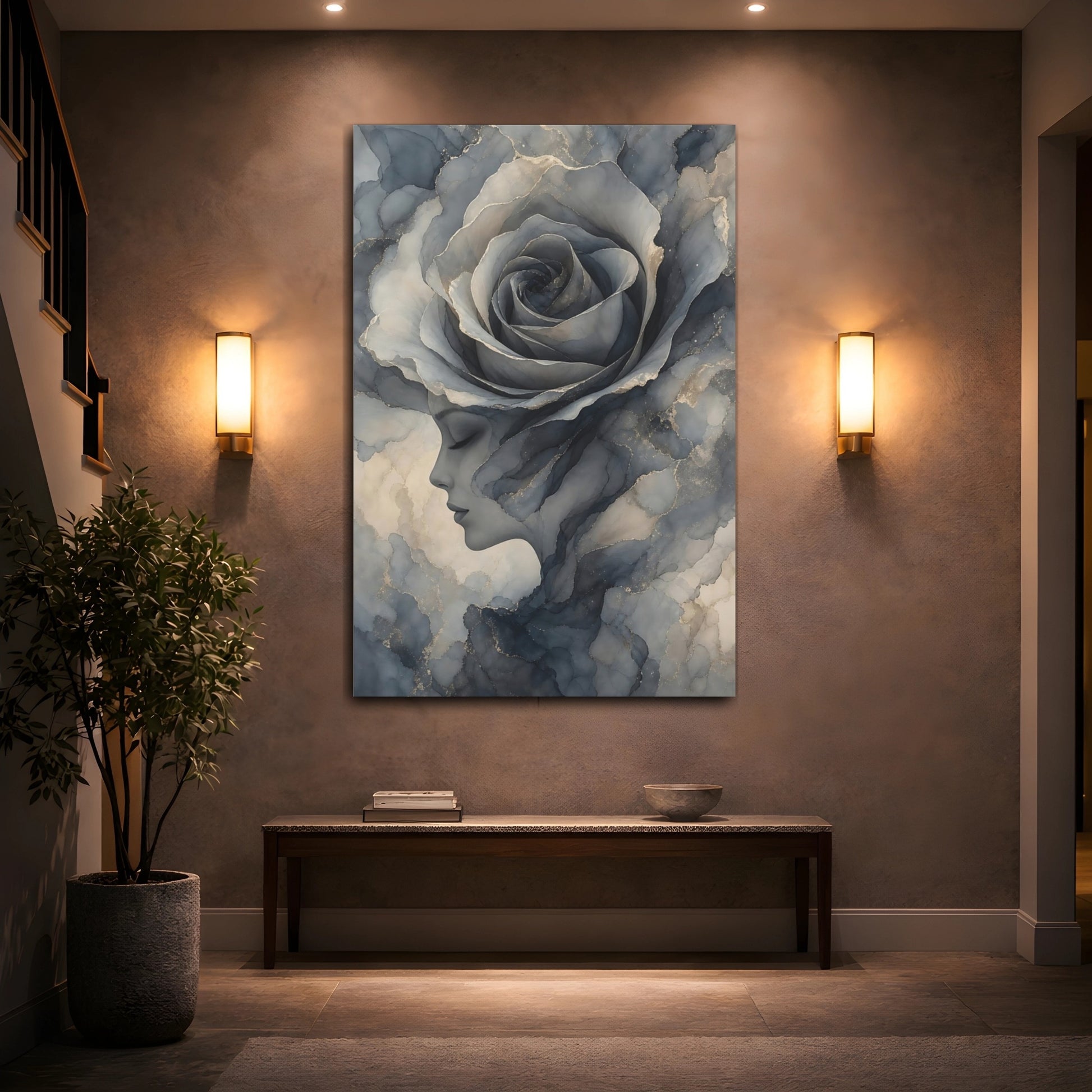 Mockup 2. Floral Rose Woman Blue Gray Gold shown as stretched canvas wall art
