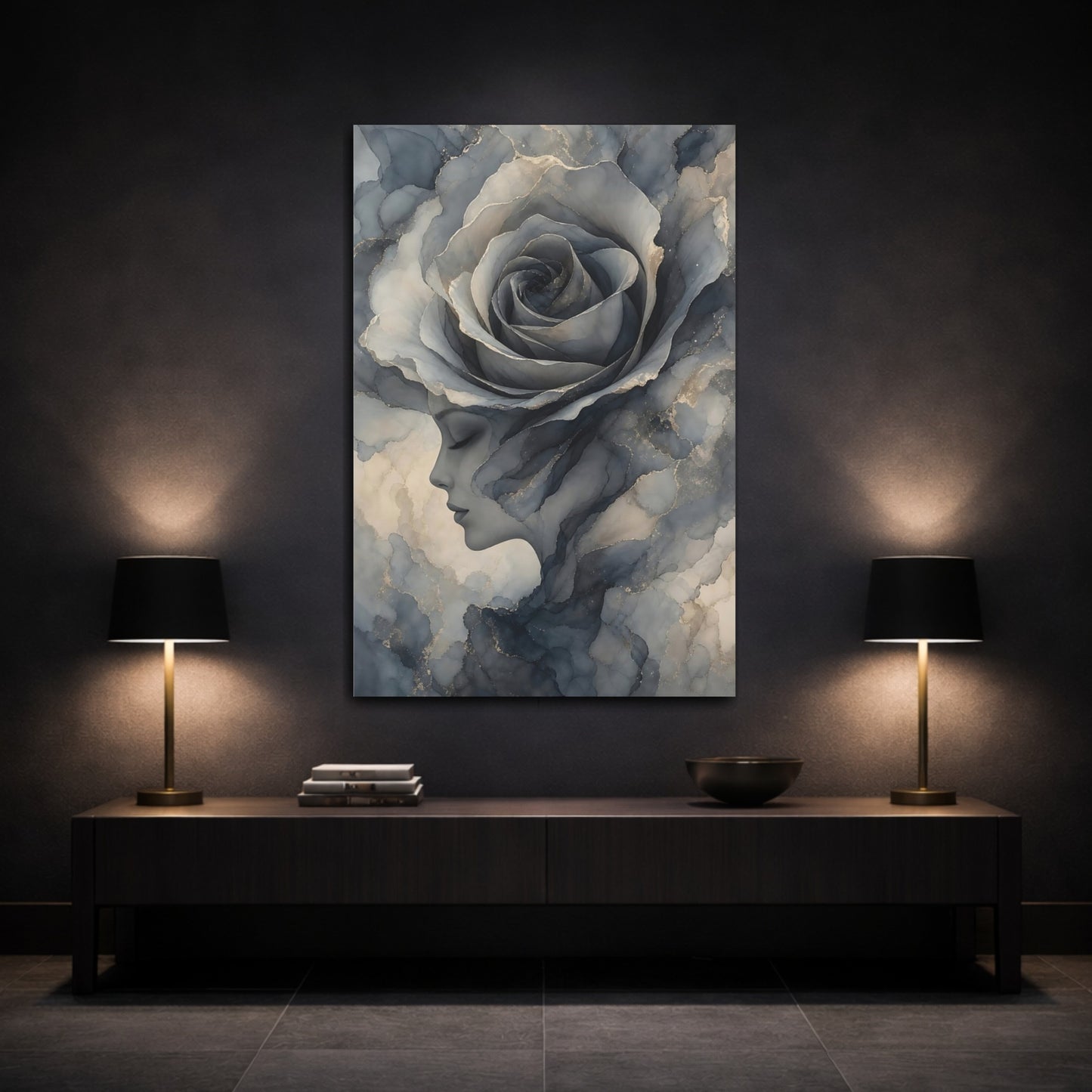 Mockup 3. Floral Rose Woman Blue Gray Gold shown as stretched canvas wall art
