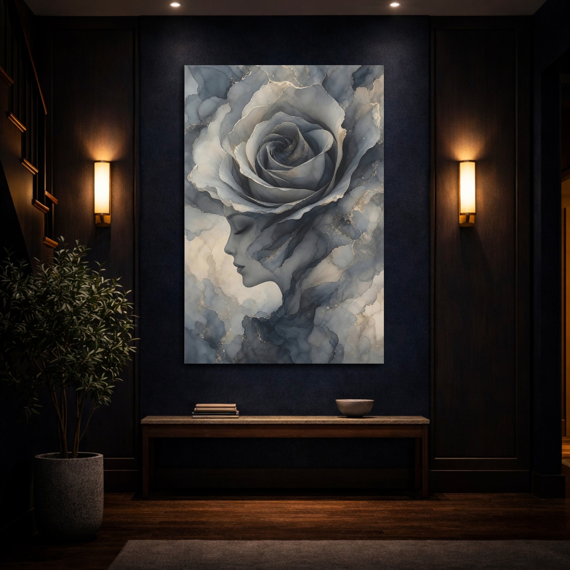 Mockup 4. Floral Rose Woman Blue Gray Gold shown as stretched canvas wall art
