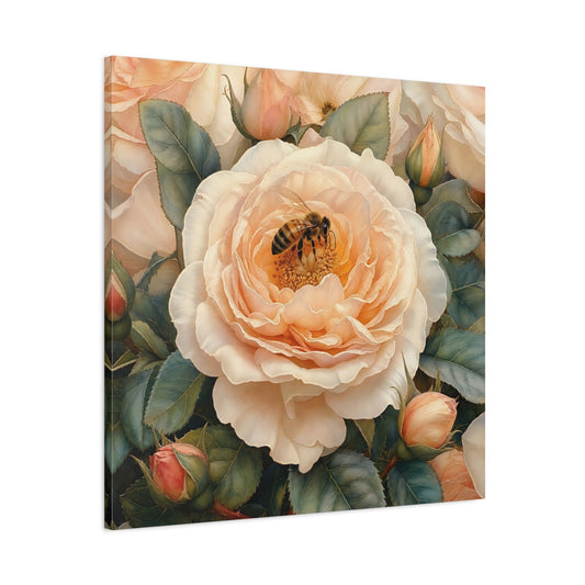 Main Mockup. Floral Rose, Bee Peach Floral shown as stretched canvas wall art
