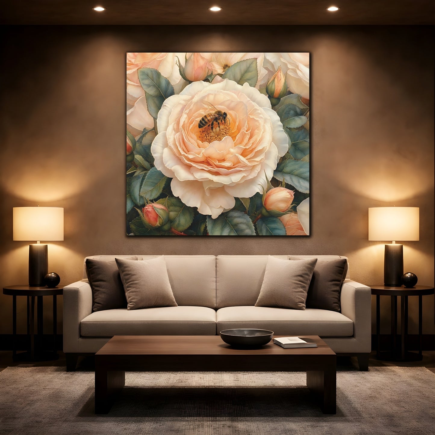 Mockup 2. Floral Rose, Bee Peach Floral shown as stretched canvas wall art