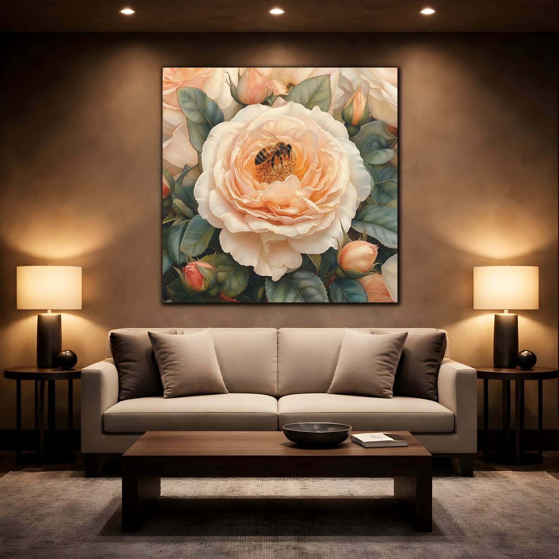 Mockup 2. Floral Rose, Bee Peach Floral shown as stretched canvas wall art