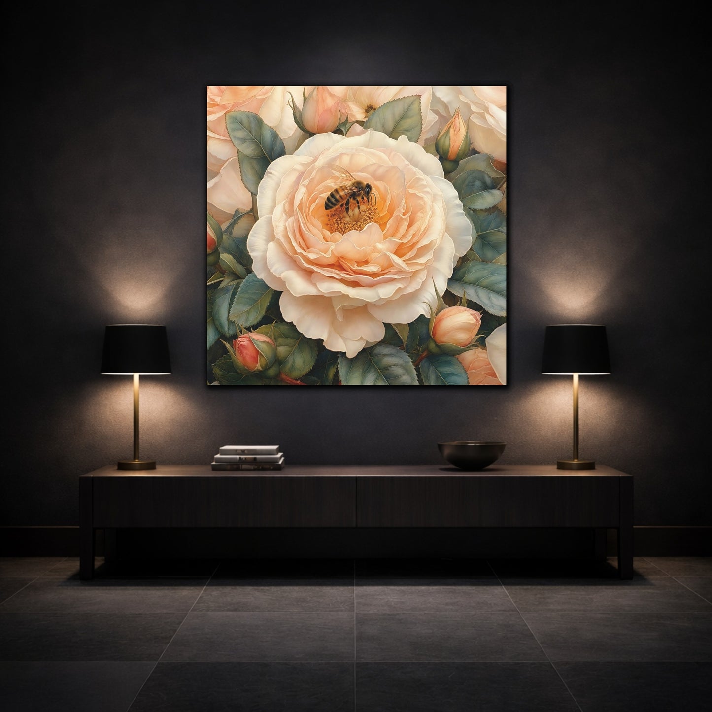 Mockup 3. Floral Rose, Bee Peach Floral shown as stretched canvas wall art
