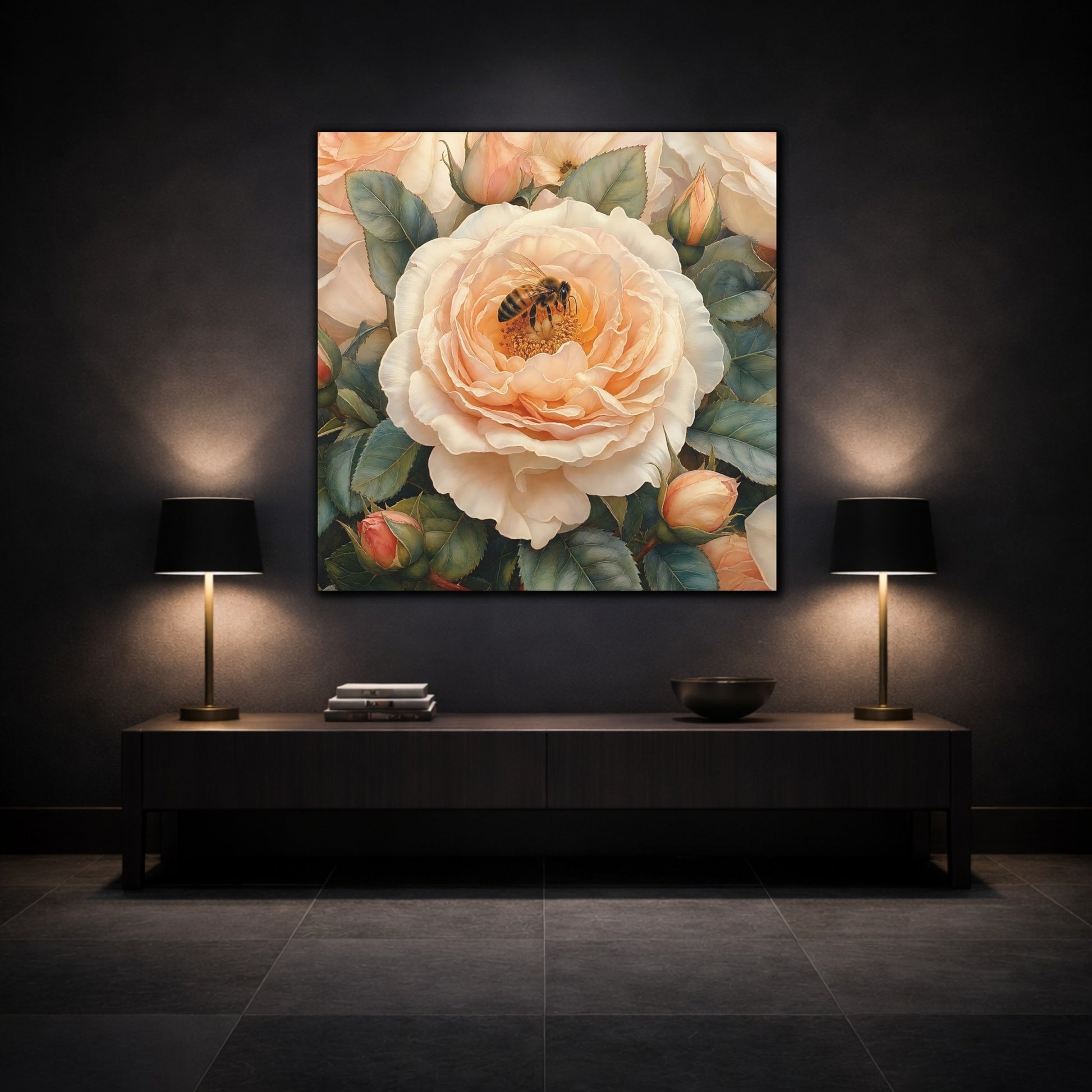 Mockup 3. Floral Rose, Bee Peach Floral shown as stretched canvas wall art
