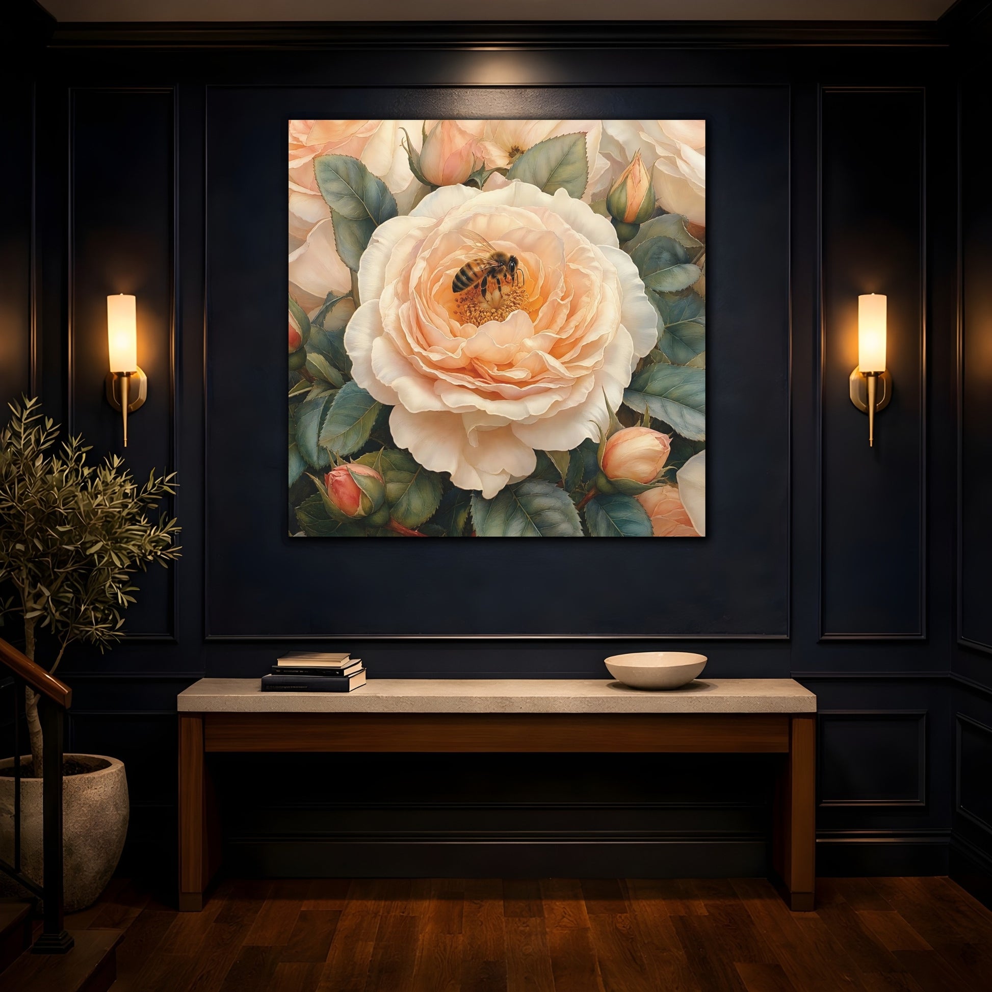 Mockup 4. Floral Rose, Bee Peach Floral shown as stretched canvas wall art