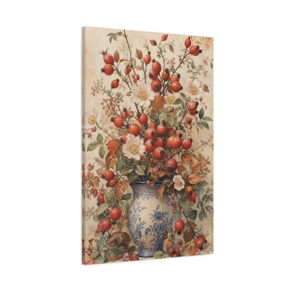 Main Mockup. Floral Rosehips Autumn Floral Vase shown as canvas print