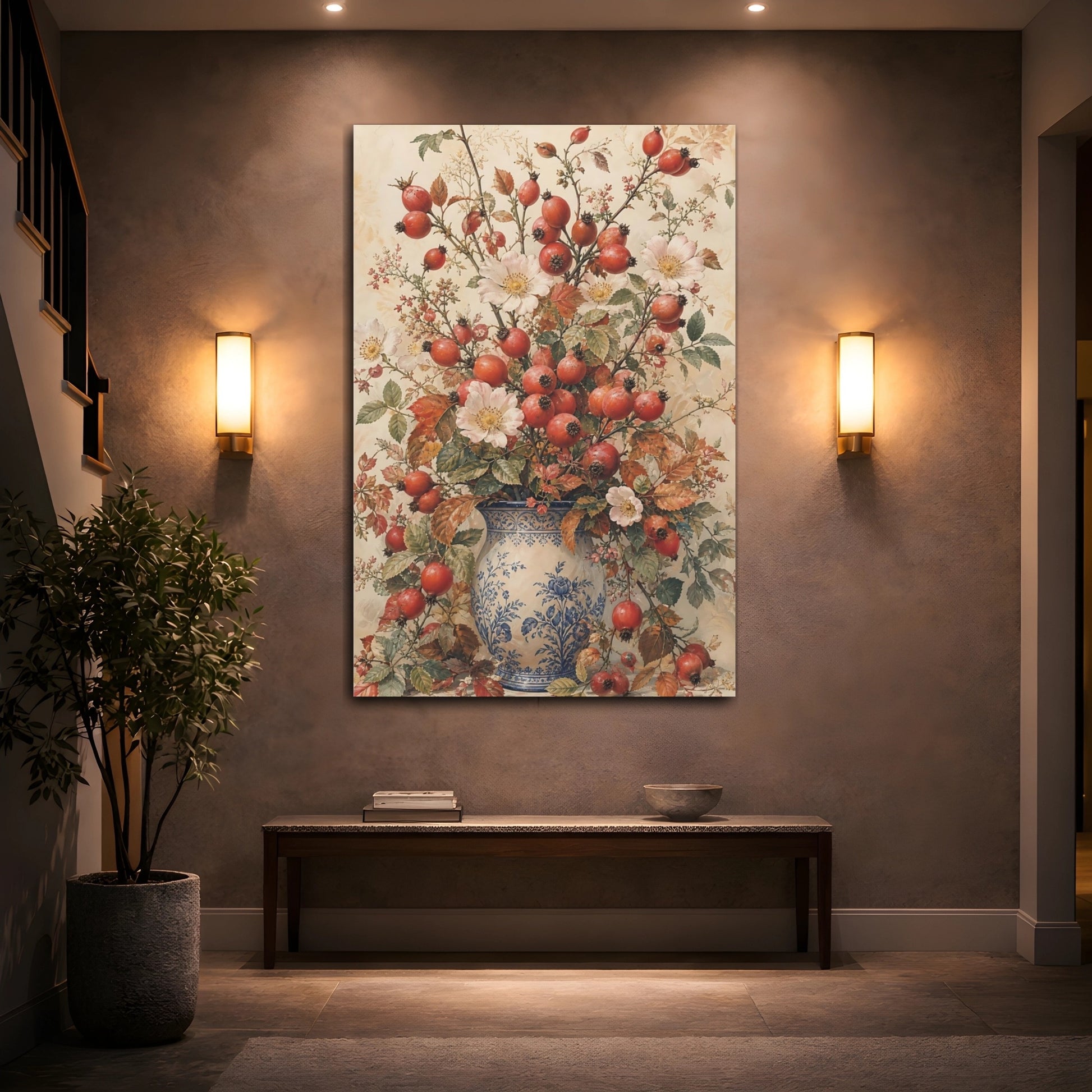 Mockup 2. Floral Rosehips Autumn Floral Vase shown as canvas print