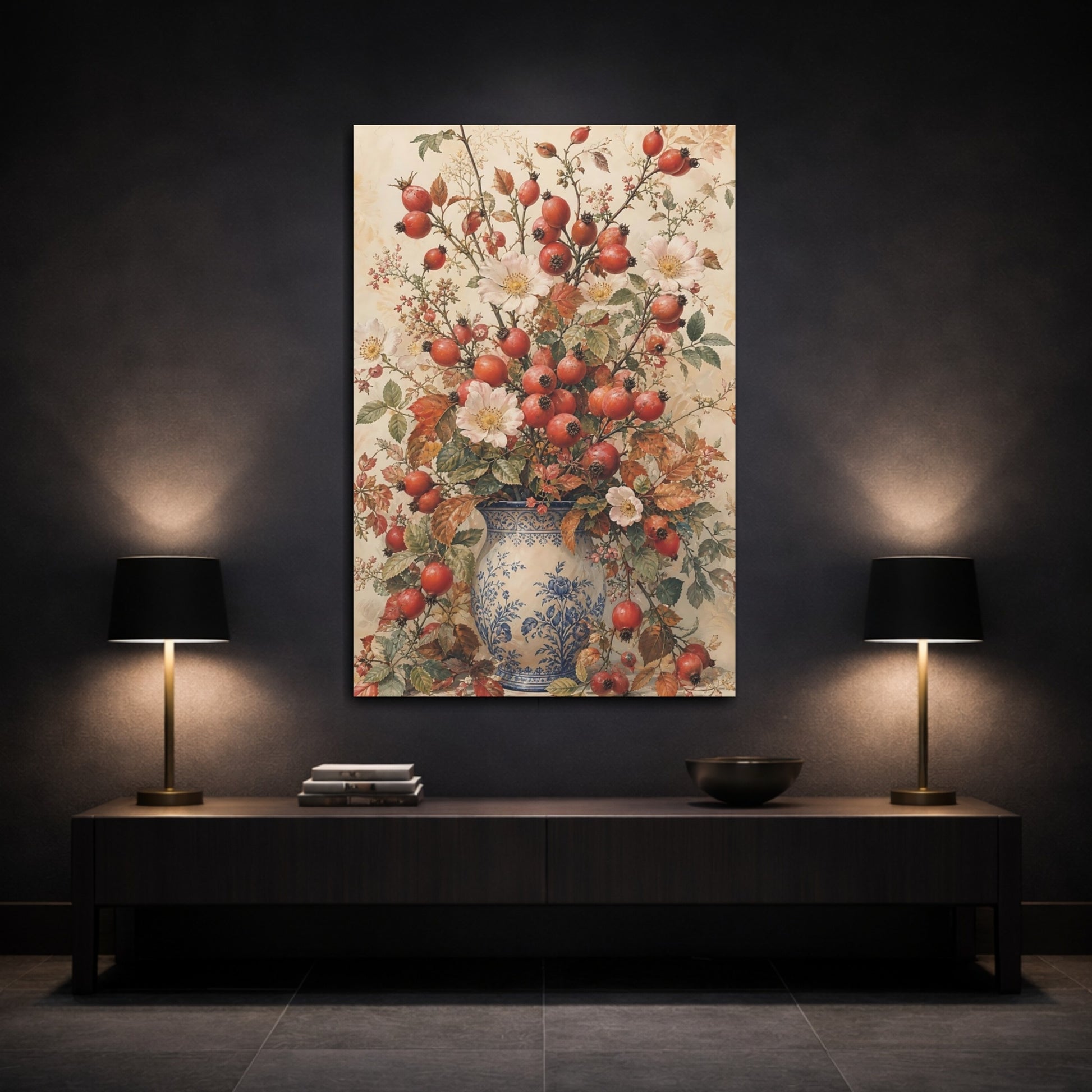 Mockup 3. Floral Rosehips Autumn Floral Vase shown as canvas print