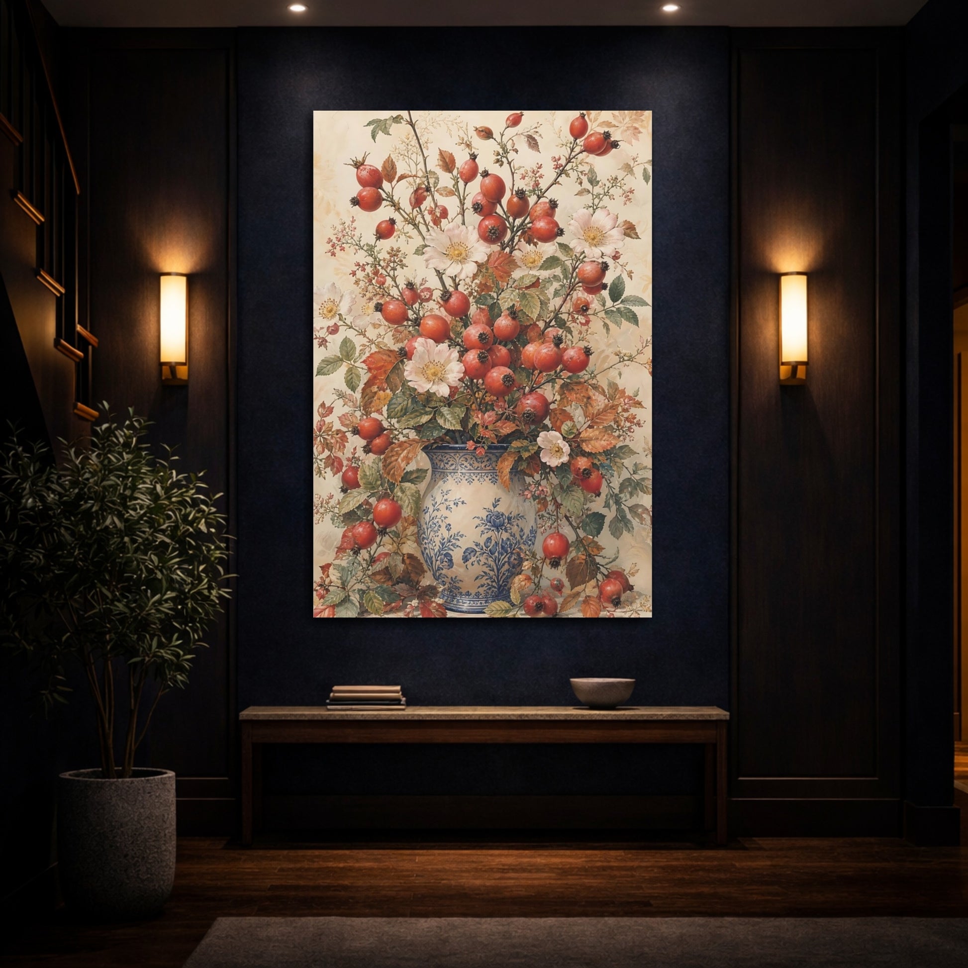 Mockup 4. Floral Rosehips Autumn Floral Vase shown as canvas print