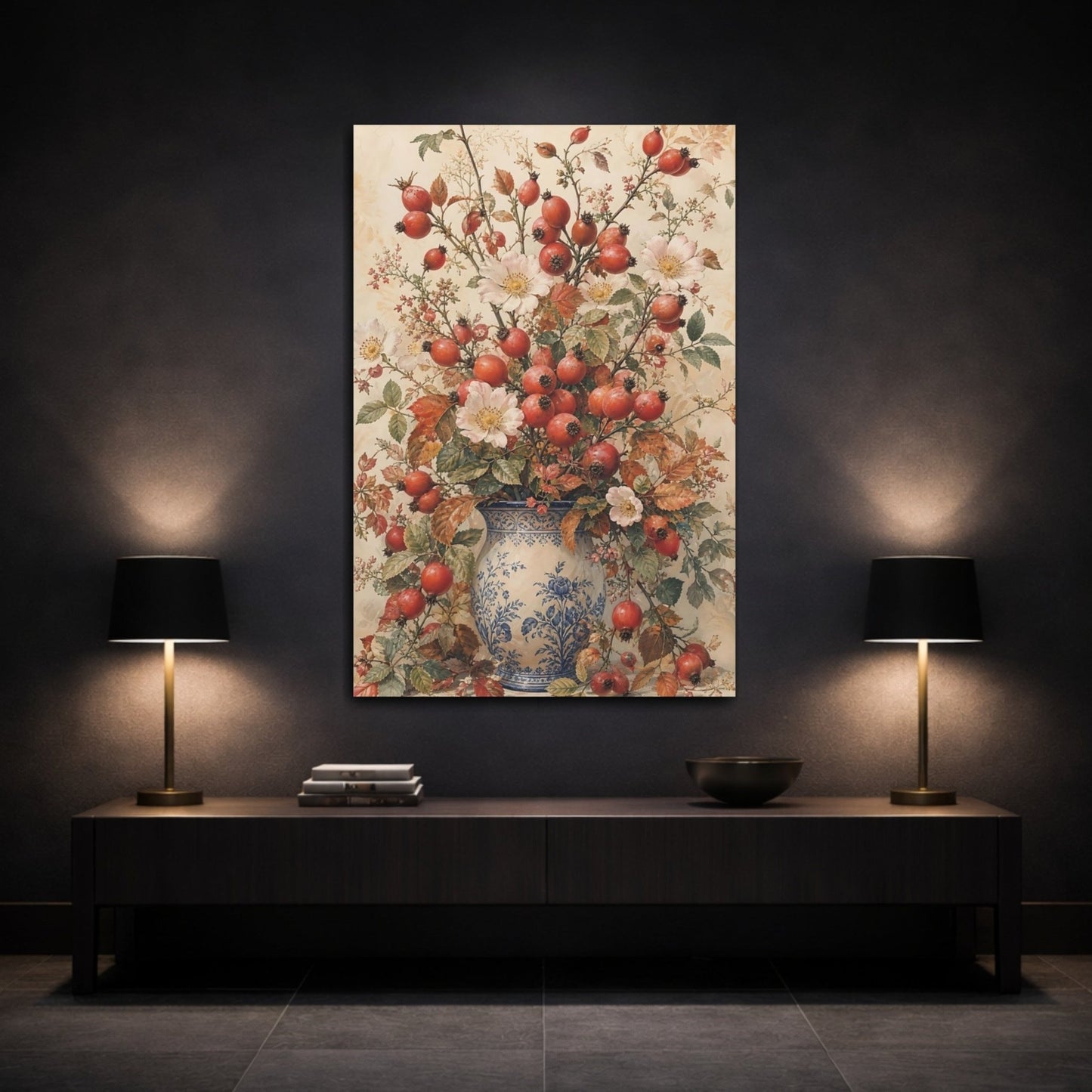 Floral Rosehips Autumn Vase Canvas Print Wall Art – Living Room Decor, Large - YesArtYes