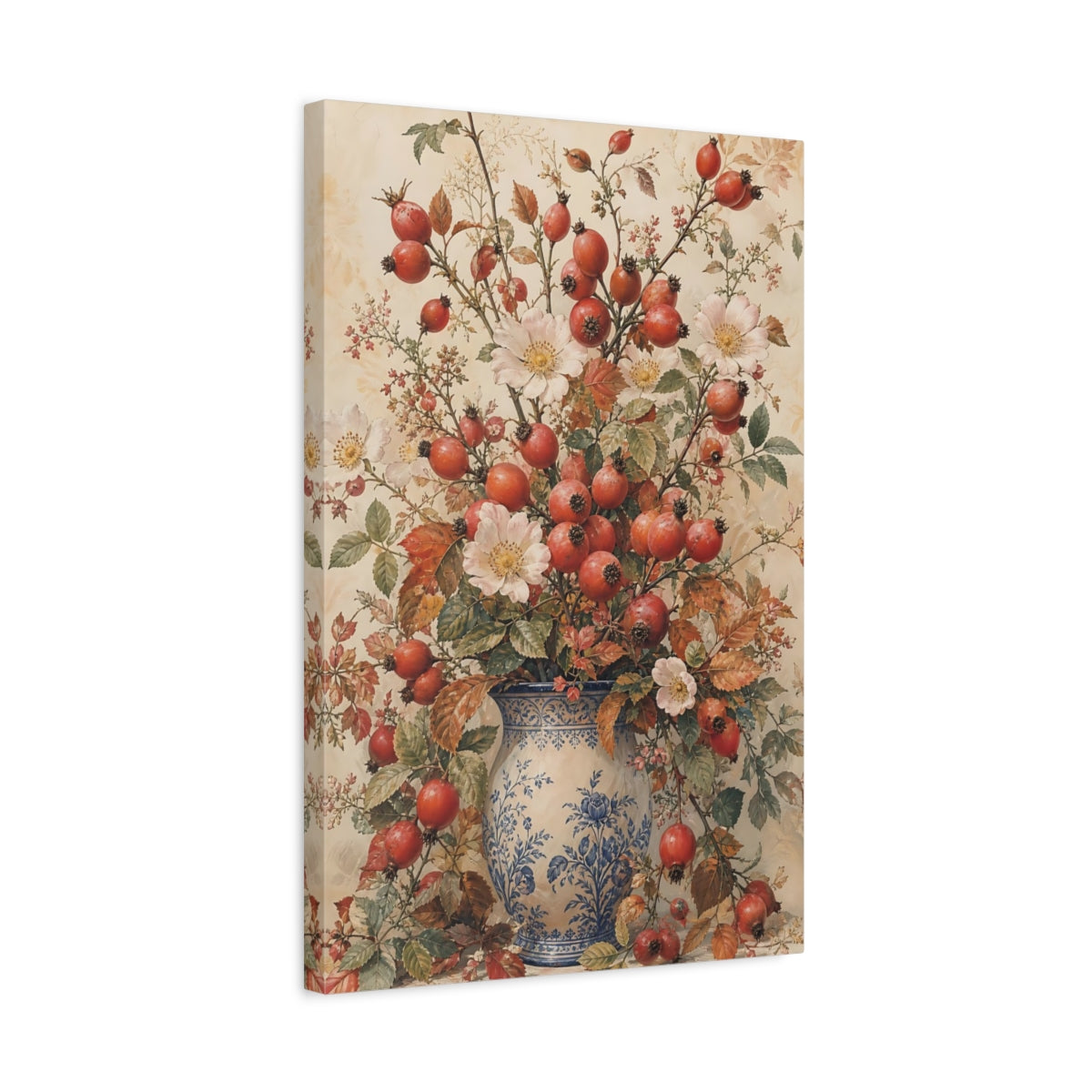 Side Mockup 3. Floral Rosehips Autumn Floral Vase shown as canvas print