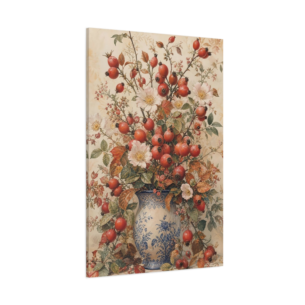 Side Mockup 1. Floral Rosehips Autumn Floral Vase shown as canvas print