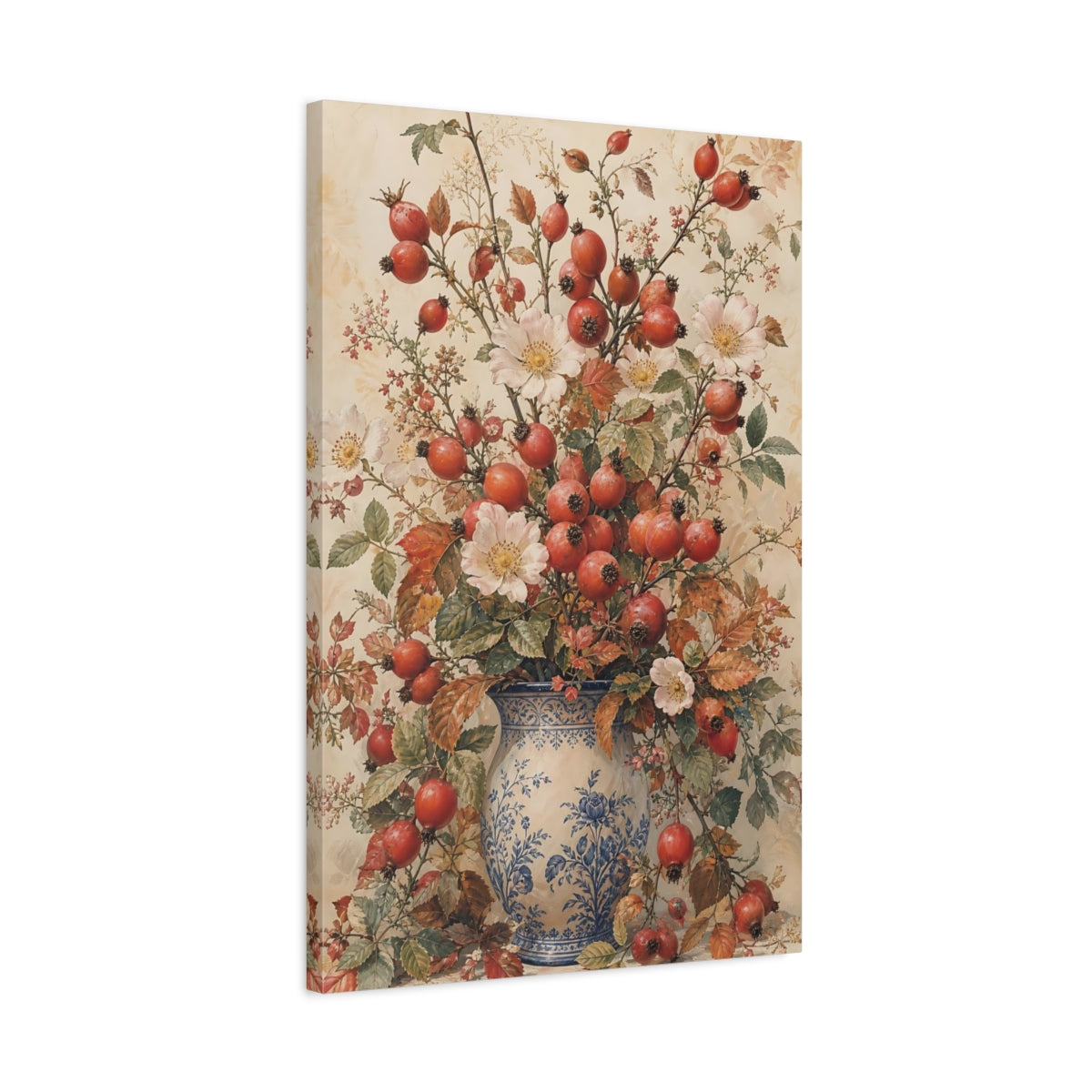 Side Mockup 2. Floral Rosehips Autumn Floral Vase shown as canvas print