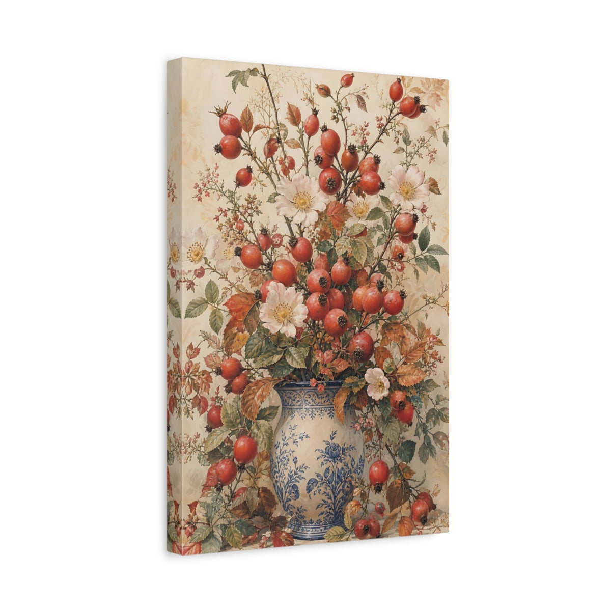 Side Mockup 4. Floral Rosehips Autumn Floral Vase shown as canvas print