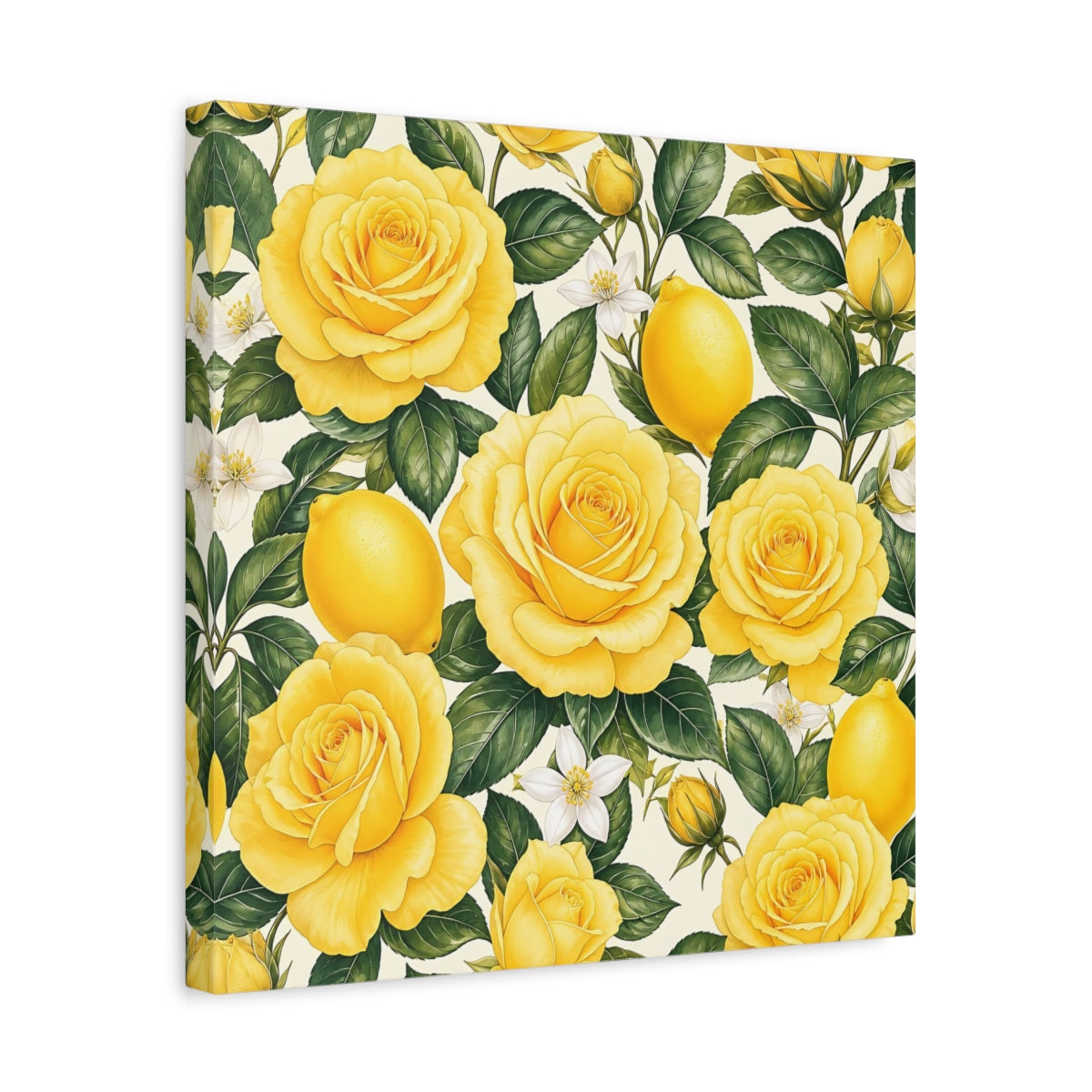Side Mockup 6. Floral Roses And Lemons Yellow Lemon Floral shown as stretched canvas wall art