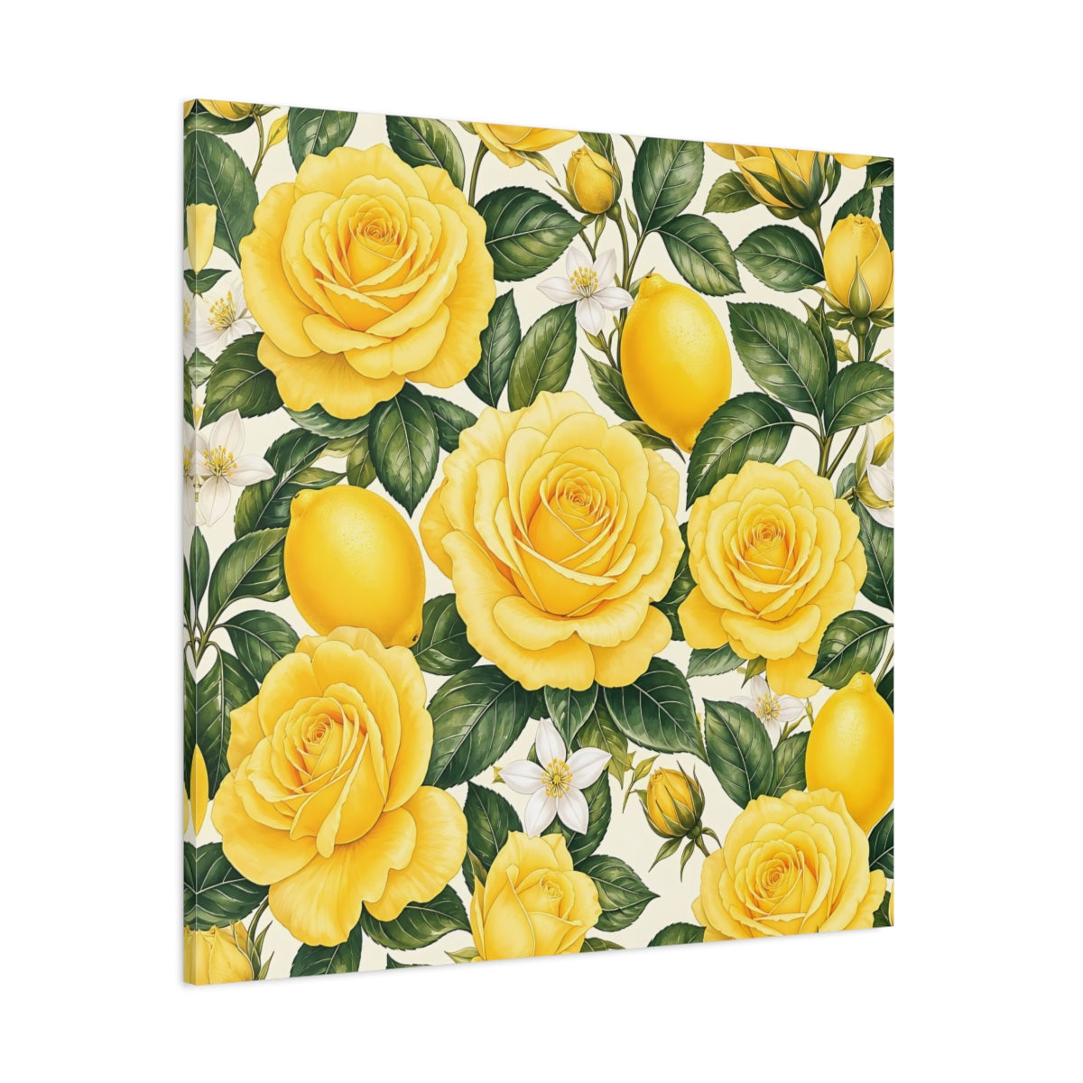 Side Mockup 1. Floral Roses And Lemons Yellow Lemon Floral shown as stretched canvas wall art