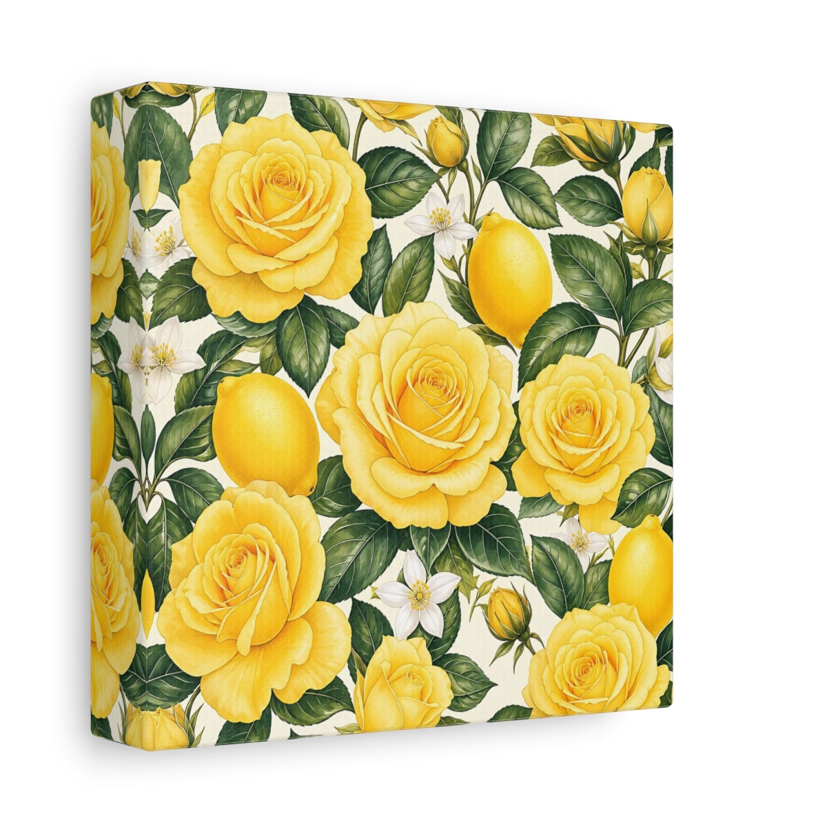Side Mockup 2. Floral Roses And Lemons Yellow Lemon Floral shown as stretched canvas wall art