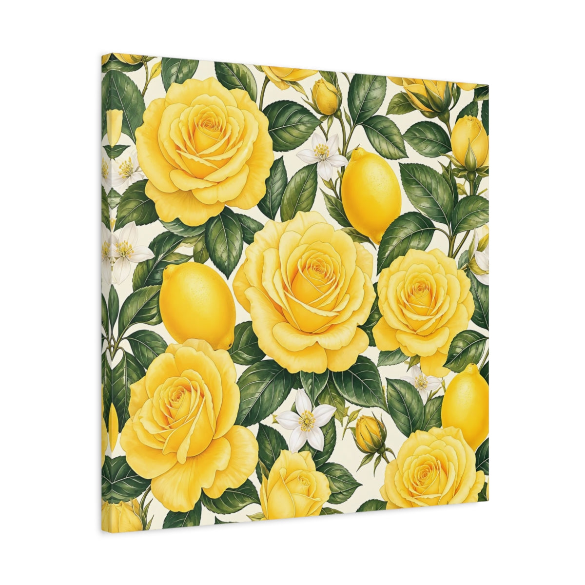 Side Mockup 4. Floral Roses And Lemons Yellow Lemon Floral shown as stretched canvas wall art