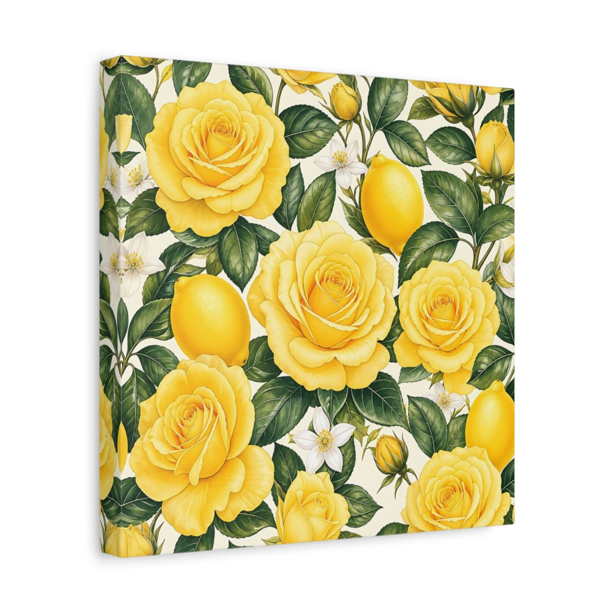 Side Mockup 8. Floral Roses And Lemons Yellow Lemon Floral shown as stretched canvas wall art